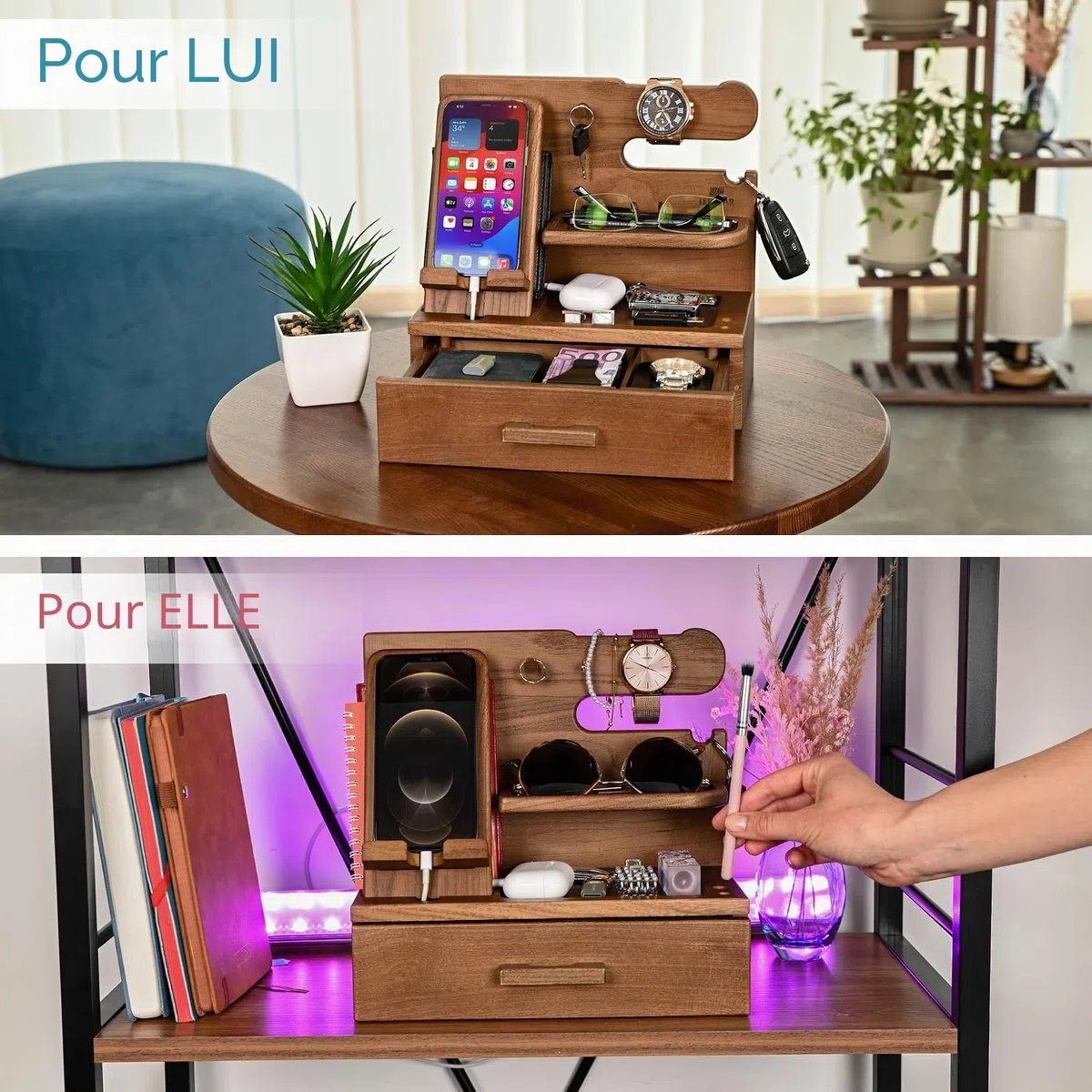 TESLYAR Station d'accueil pour téléphone en bois avec tiroir, organisateur de table de chevet, organisateur de bureau pour mari, cadeau d'anniversaire pour homme, papa, idée d'anniversaire, porte-clés