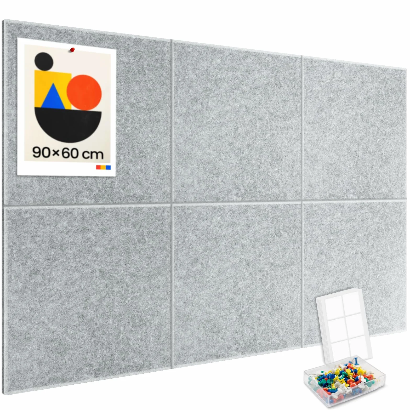 Lot de 6 tableaux d'affichage en feutre autocollant 90 x 60 cm gris clair avec 30 punaises
