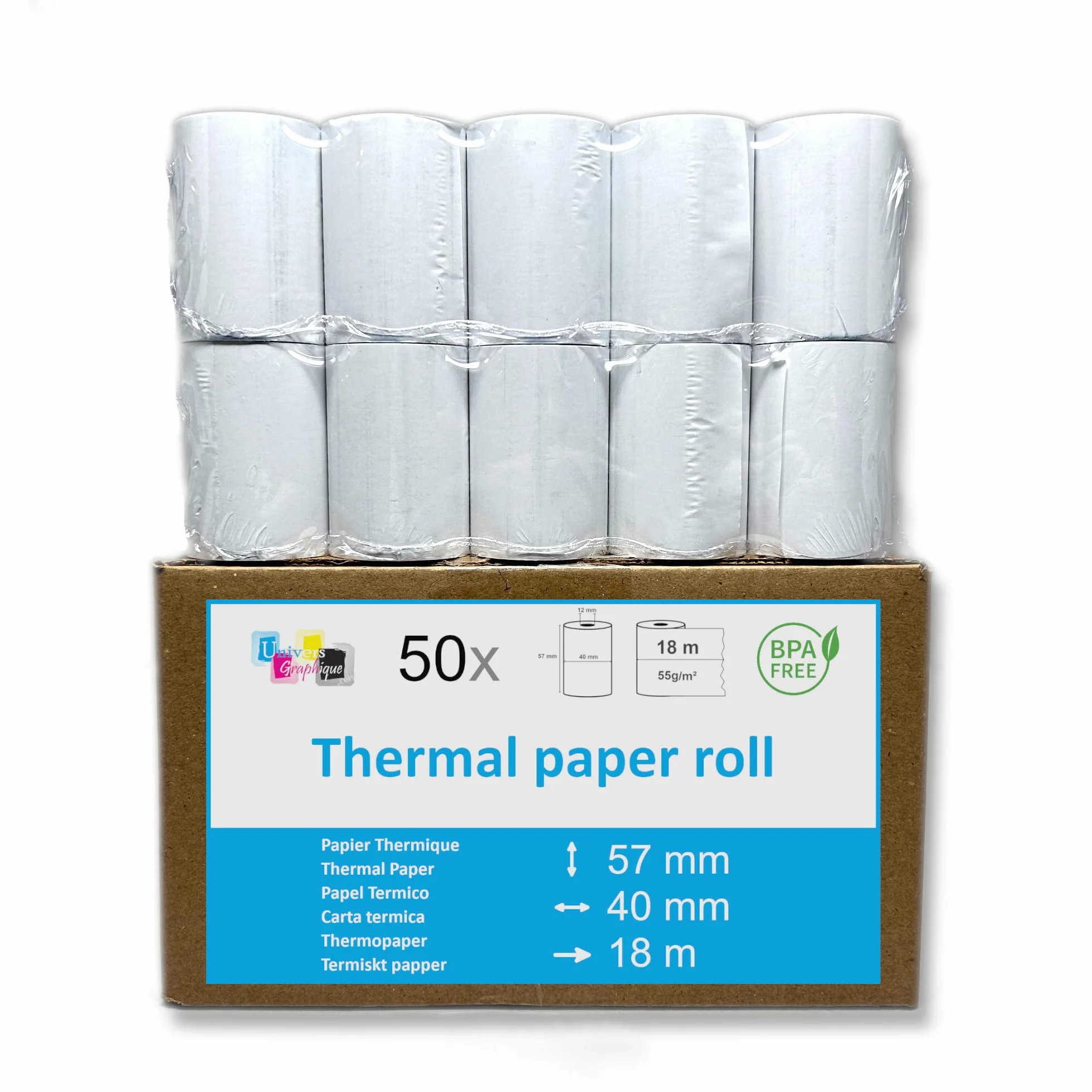 Bobine papier thermique 57 x 40 x 12 mm pour terminal carte bancaire TPE
