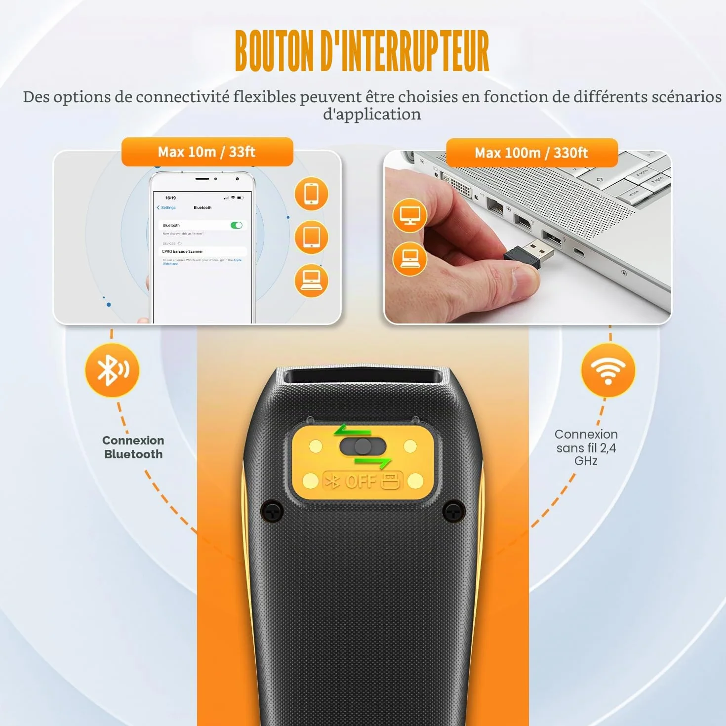 NETUM CS7501 Bluetooth QR Scanner 1D 2D Portable sans Fil Lecteur de Codes-Barres pour Gestion des Stocks