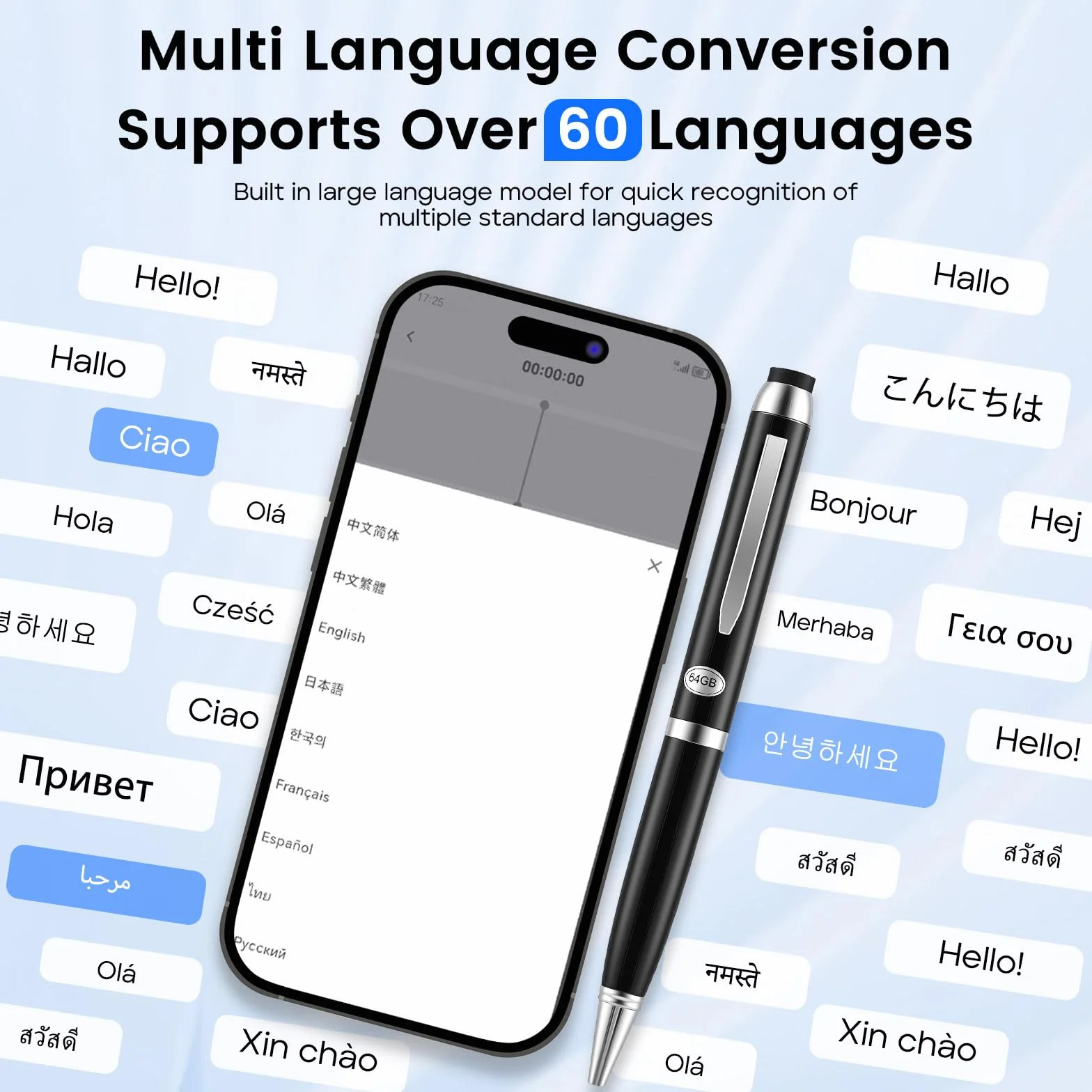 Stylo Enregistreur Vocal IA avec Transcription et Traduction en Temps Réel, Micro 360°, 64 Go + Cloud, 10h Autonomie