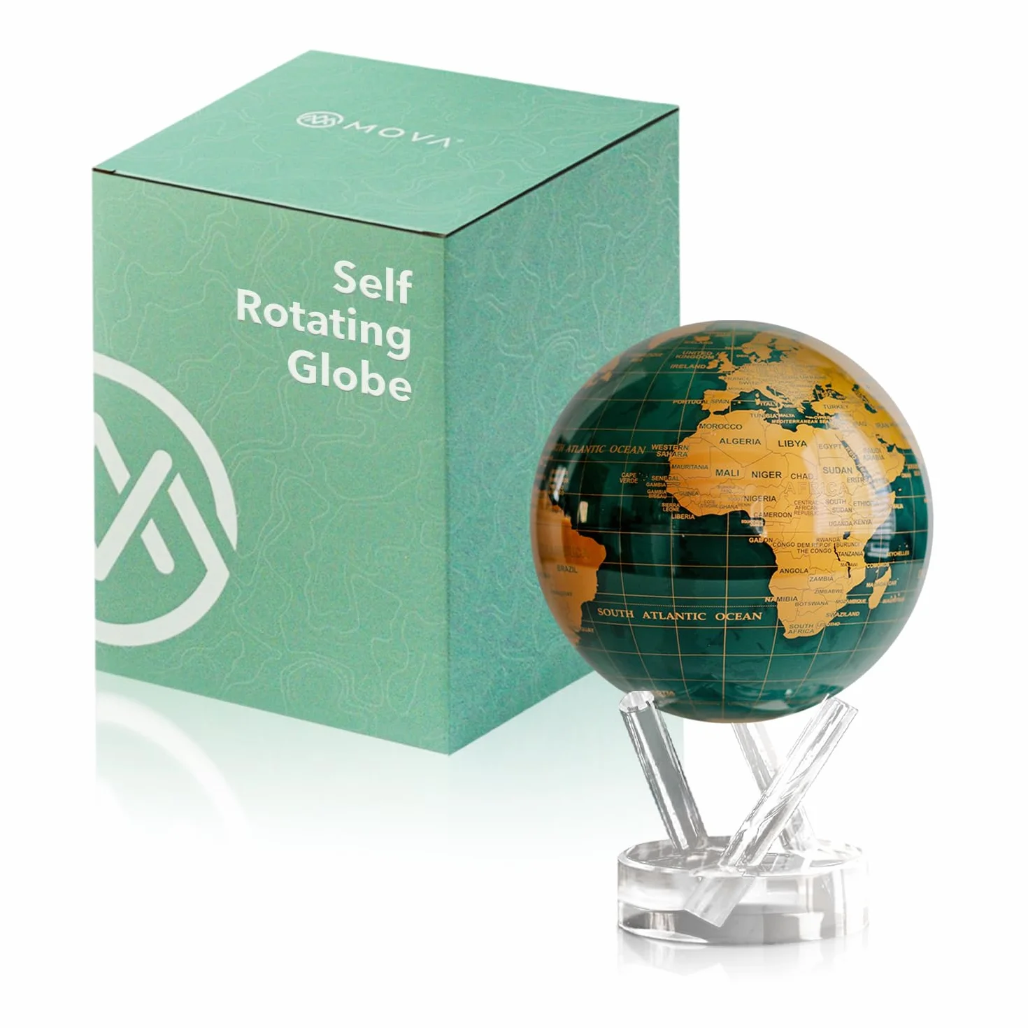 MOVA – Globe Rotatif Vert et Or 11.5 cm | Mouvement avec Lumière | Sans Piles | Cadeau pour Bureau, Maison ou Bureau d’Étude