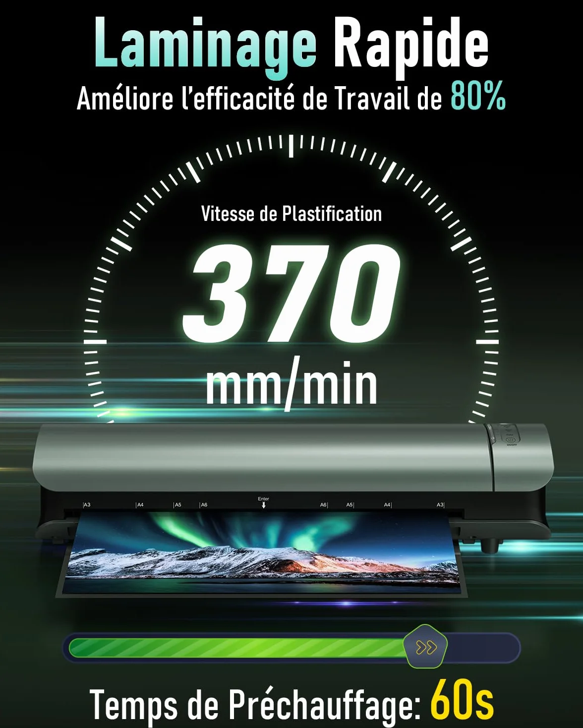 Plastifieuse A3 9 en 1 Chauffage Rapide Machine à Plastifier Thermique et Froid avec 30 Pochettes A3 A4 A5 A6 Papier Massicot Arrondisseur