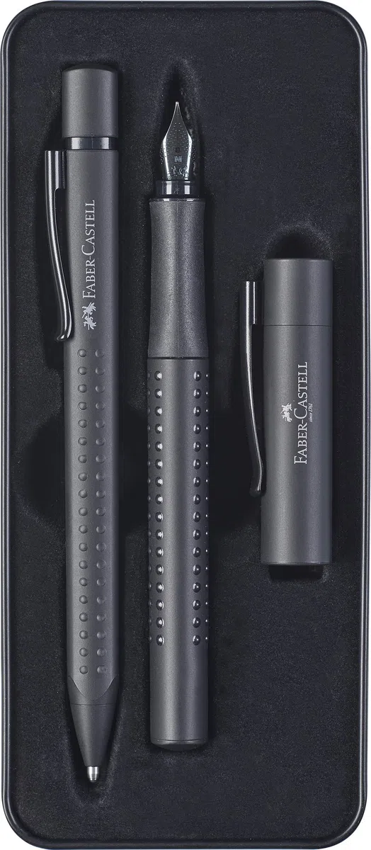 Faber-Castell 201626 - Coffret cadeau Grip Edition, All Black, avec stylo plume M et stylo à bille XB dans un étui métallique
