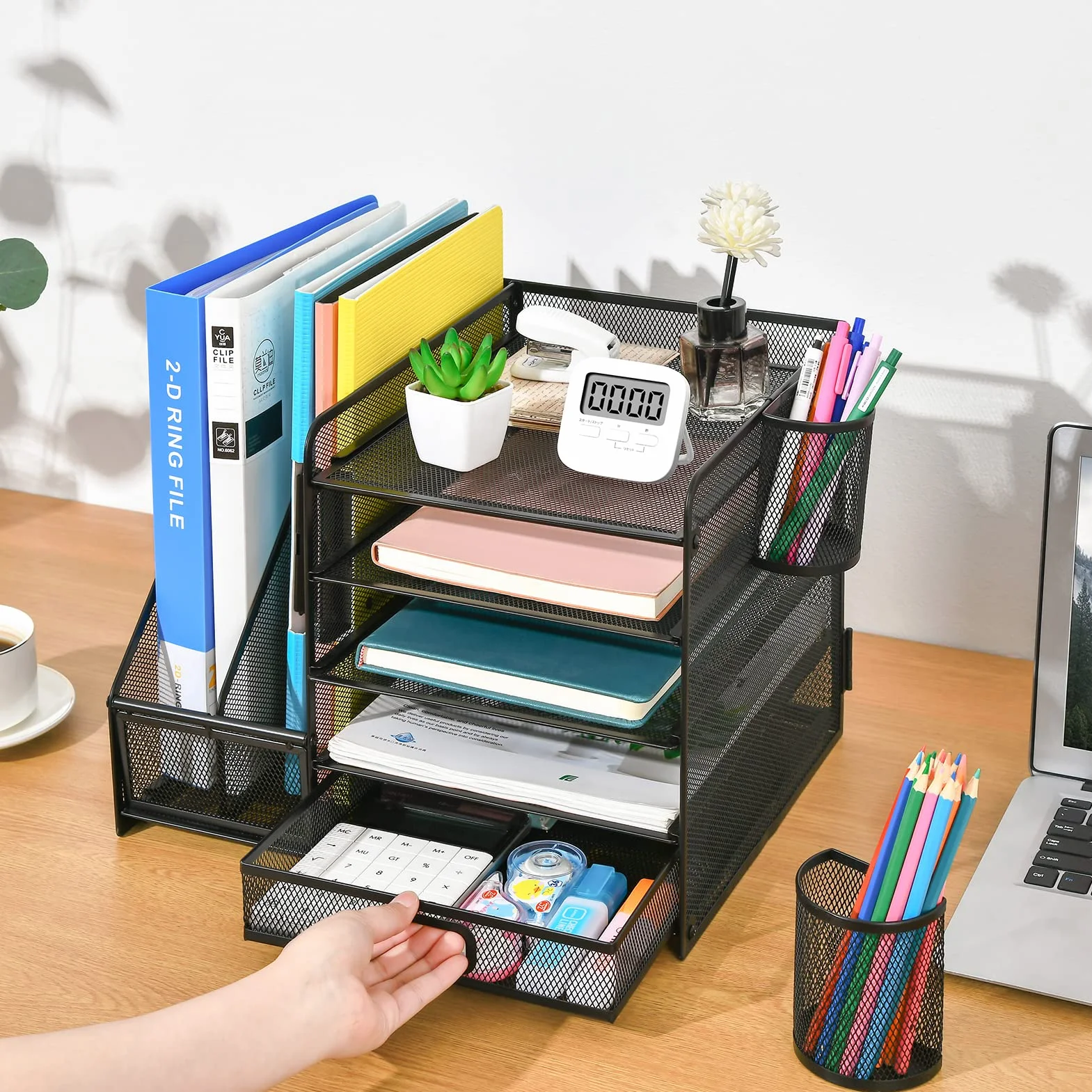 Marbrasse Organisateur de Bureau 5-Niveaux Porte-Lettres Rangement Maille Noir avec Tiroir Porte-Stylos