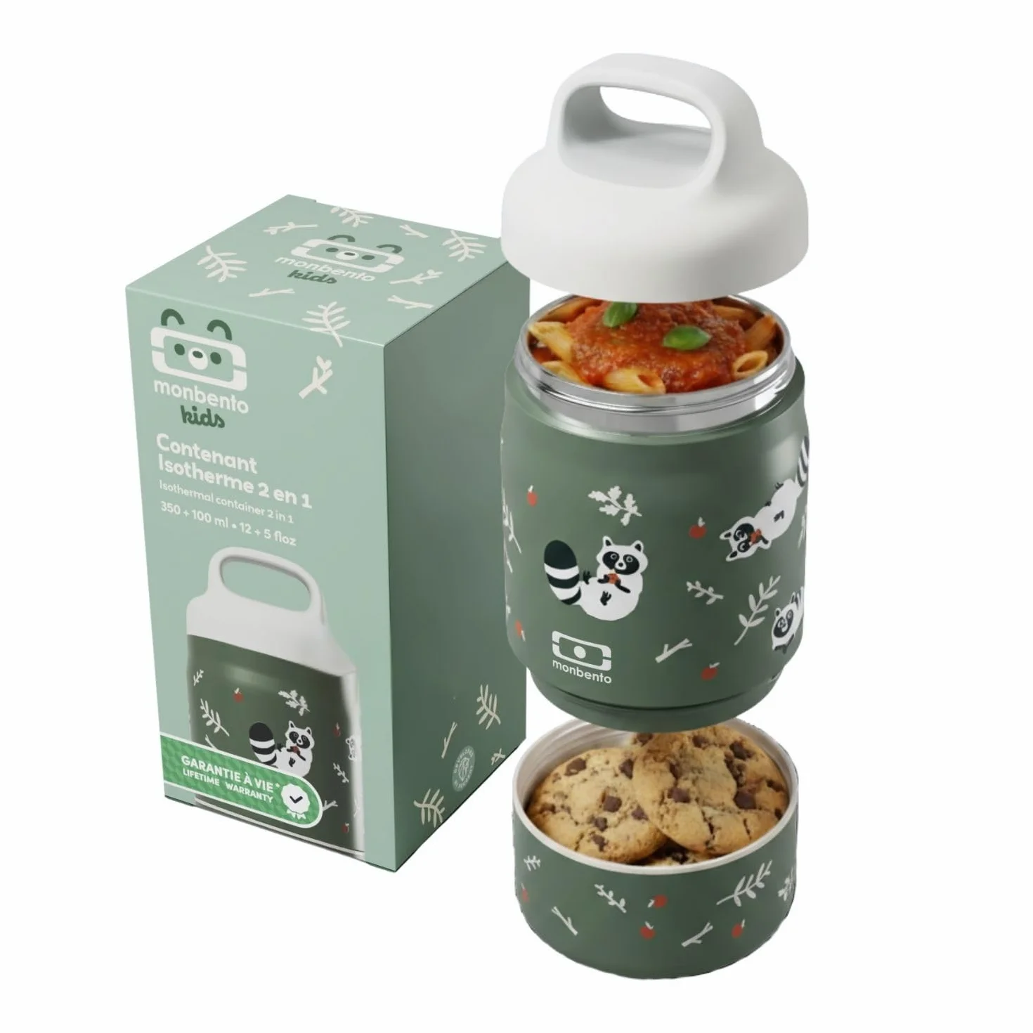 Monbento Lunch Box Enfant Isotherme Handy Vert Raccoon 500 ml 2 Étages Bento Inox 2-en-1 Garde au Chaud & Froid Sans BPA