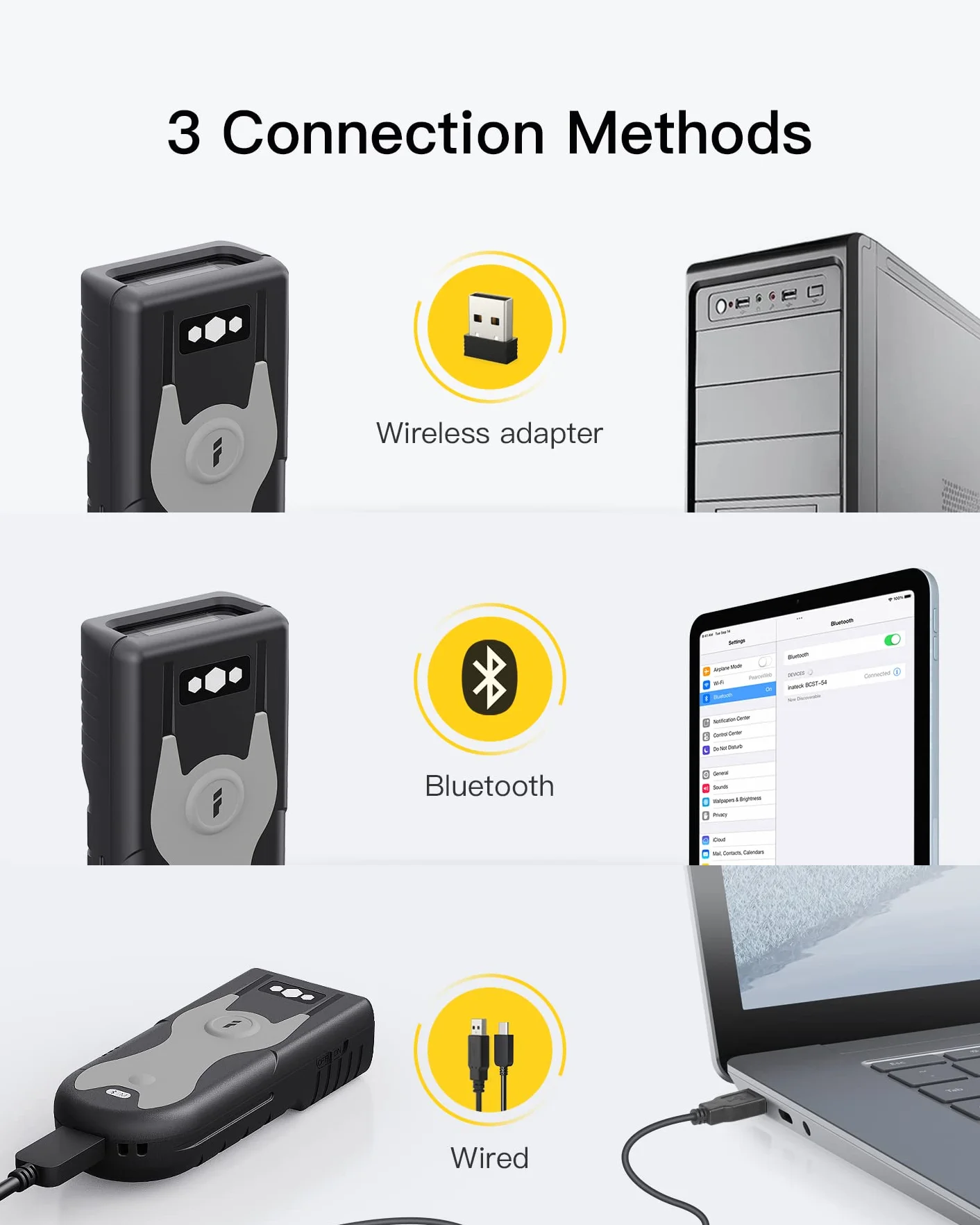 Inateck Bluetooth Lecteur de Code Barre 1D CCD BCST-43, Scanner Codes sur Écran Portable avec Adaptateur USB 2.4Ghz