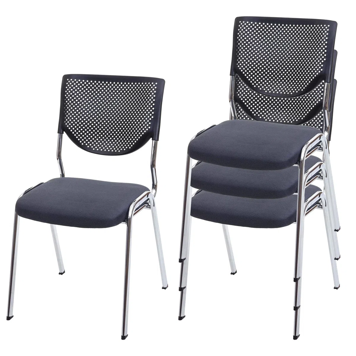 Mendler 4X Chaise Visiteur T401 Tissu Textile siége Gris foncé Pieds chromés