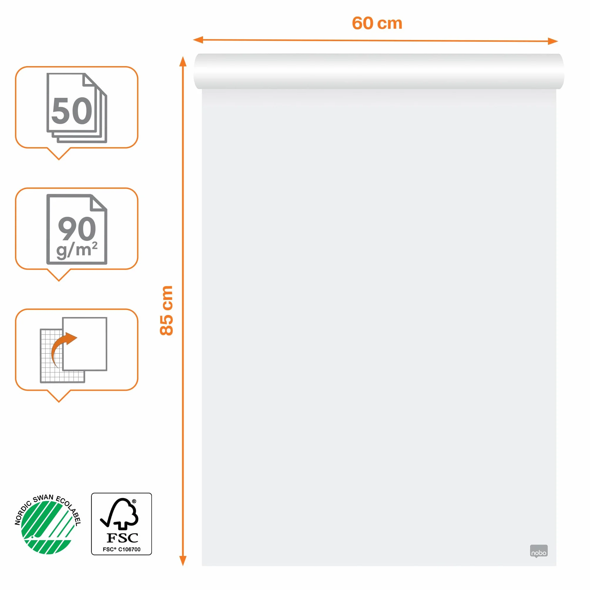 NOBO Recharge de Papier pour Paperboard 60 x 85 cm, Double-face Papier Uni/Quadrillé, 50 Feuilles, 90 g/m²