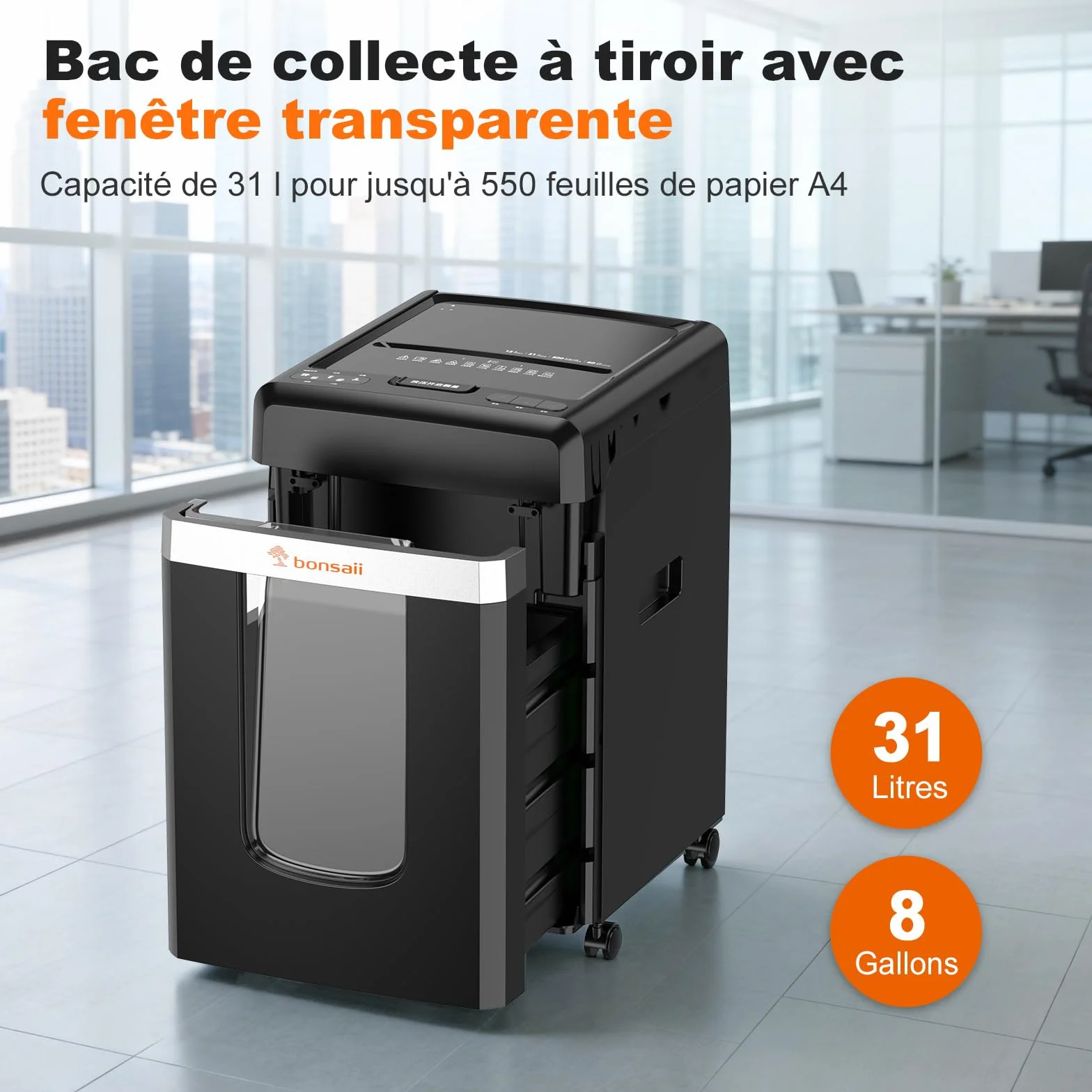 Bonsaii Destructeur de Documents Micro-Coupe P-4, Alimentation Automatique 300 Feuilles, 60 Min Continu, Bac 31L, C291-A