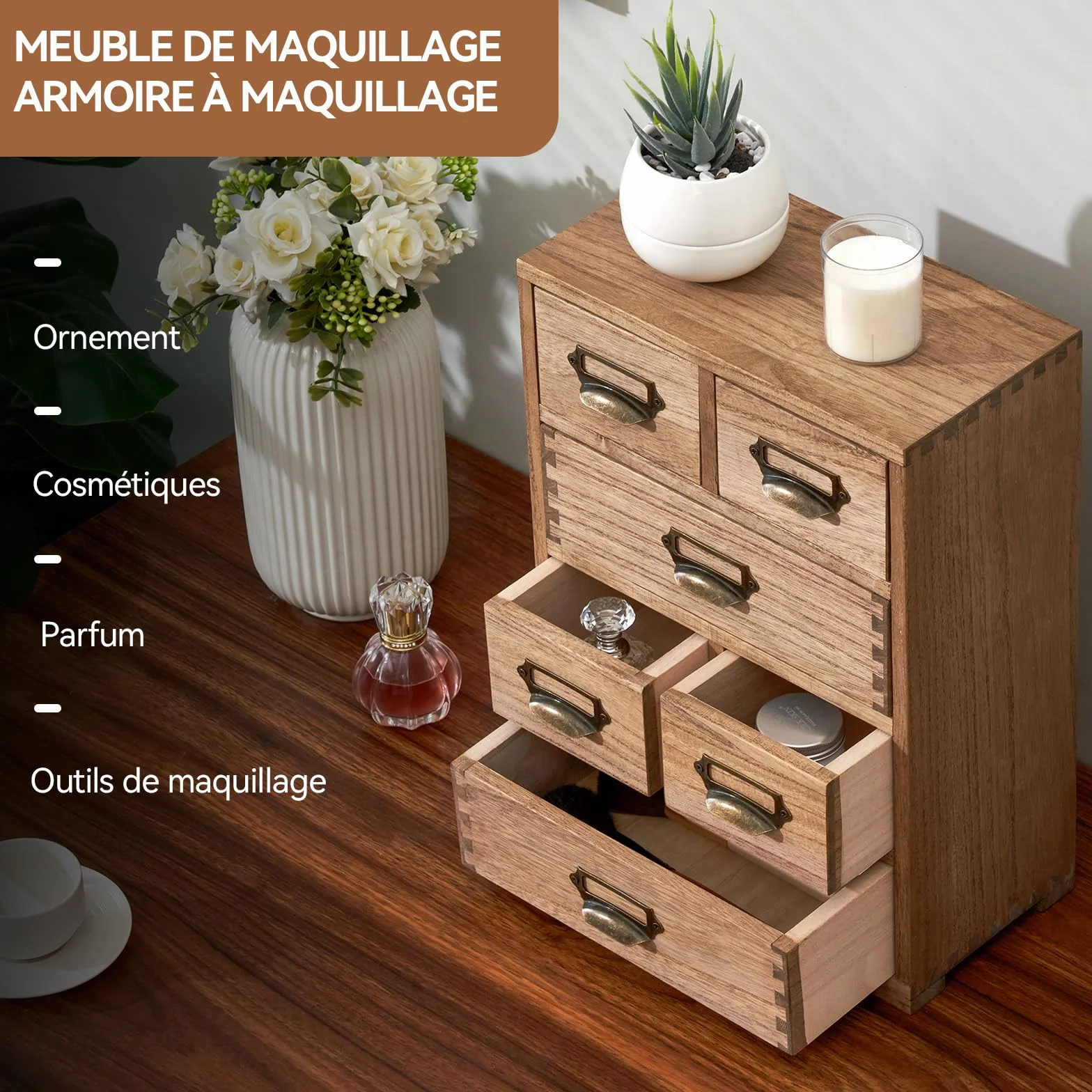 KIRIGEN Boîte de rangement en bois massif 4 étages Organisateur de bureau tiroir multifonctionnel brun
