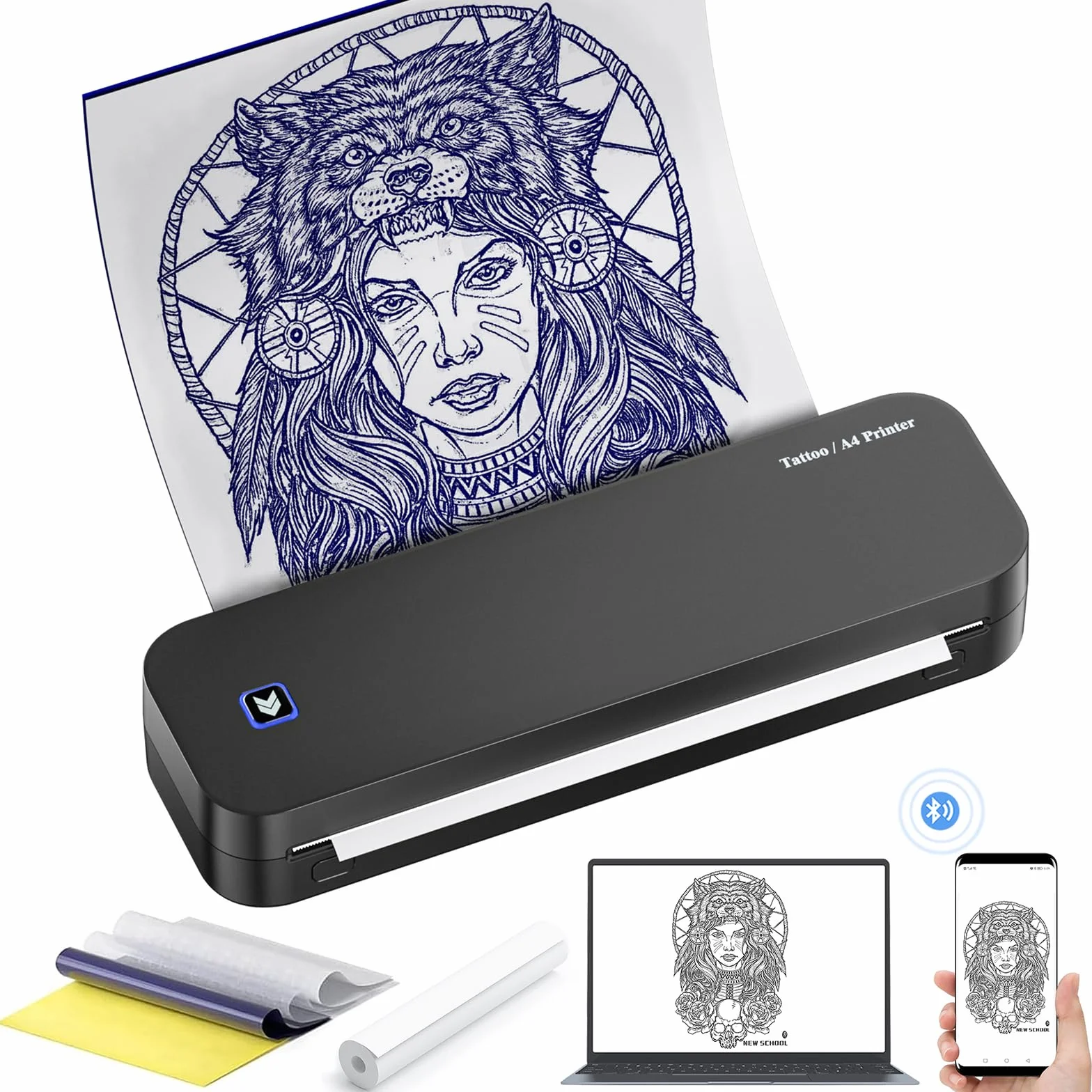 Imprimante Tatouage Thermocopieur Bluetooth A4 Papier Transfert 20pcs Compatible Smartphone PC
