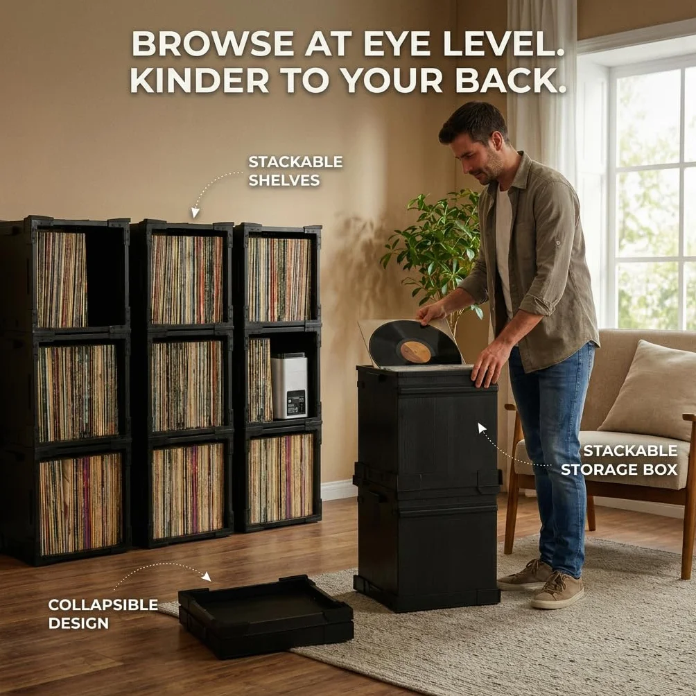 HumminGuru FlexiCube – Boîte de Rangement Empilable pour Disques Vinyles de 30,5 cm, Peut Contenir 70 Disques Vinyles | Étagère Modulaire en Vinyle et Caisse de Rangement Pliable (3 Cubes)
