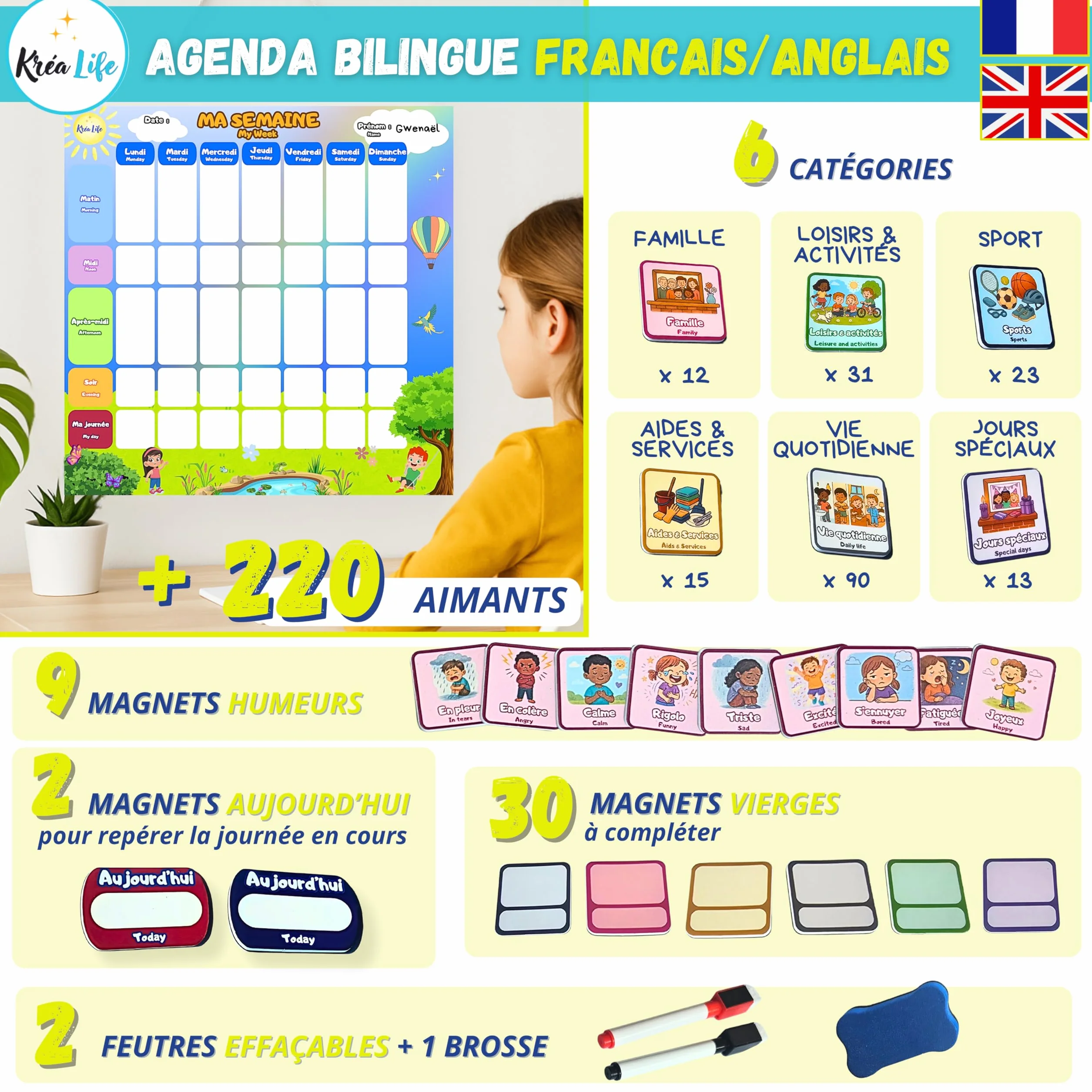 KréaLife® Planning Semaine Enfant Tableau Magnétique 40x40 cm +220 Aimants Colorés Éducatif Bilingue FR/EN