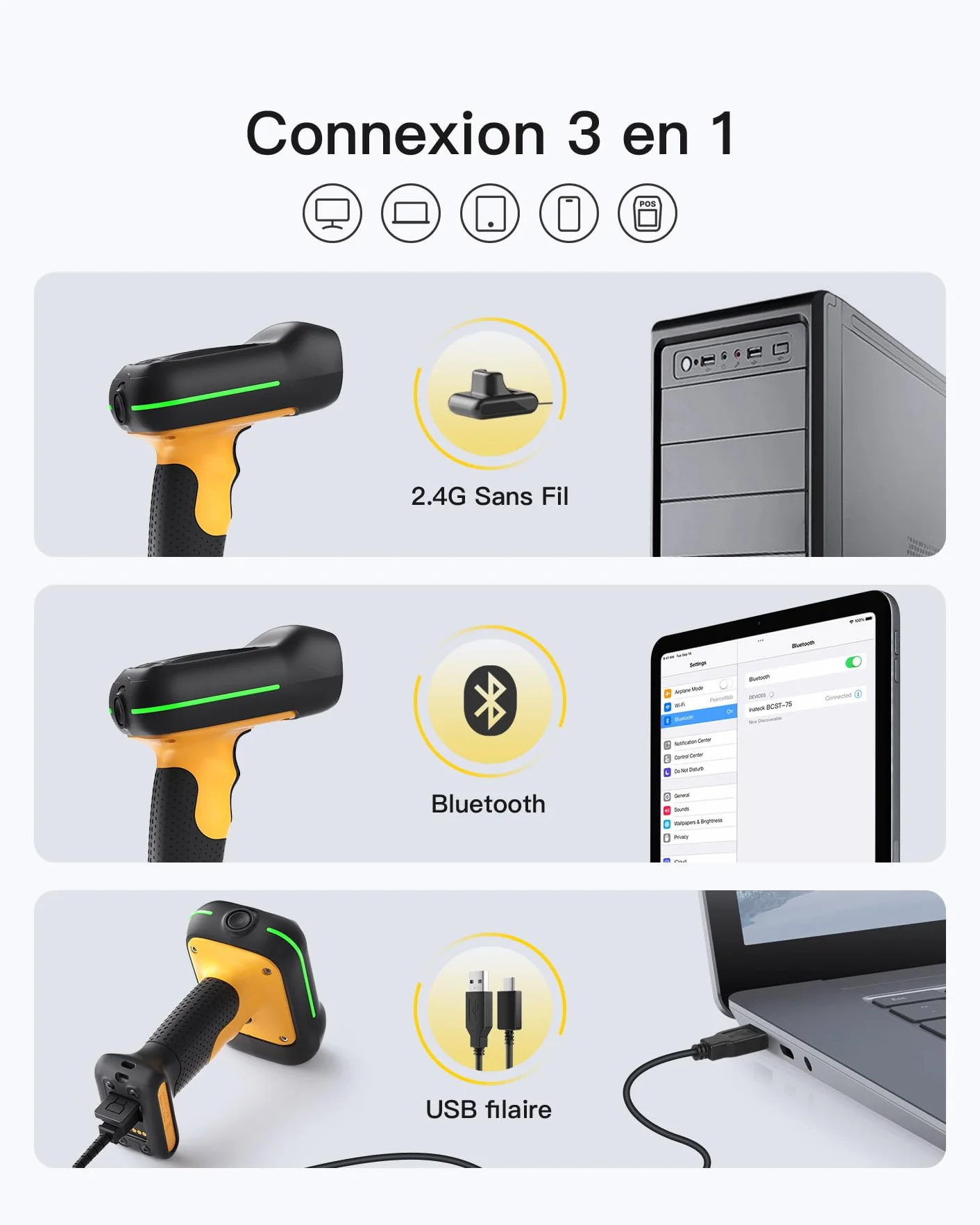 Inateck Lecteur Code Barre sans Fil 1D 2D QR IP67 2600mAh BCST-75S