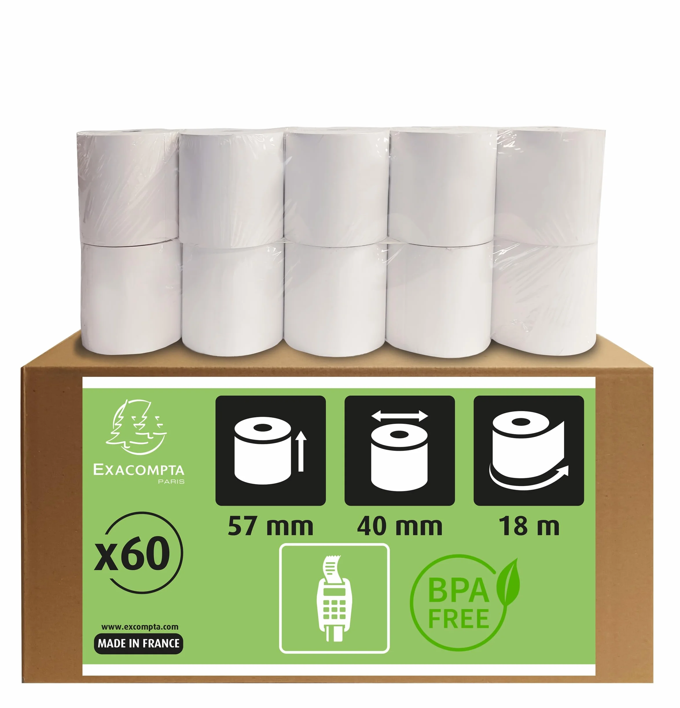 Exacompta Carton de 60 bobines tickets carte bancaire 57 mm x 40 mm mandrin 12 mm thermique 55g/m² blanc