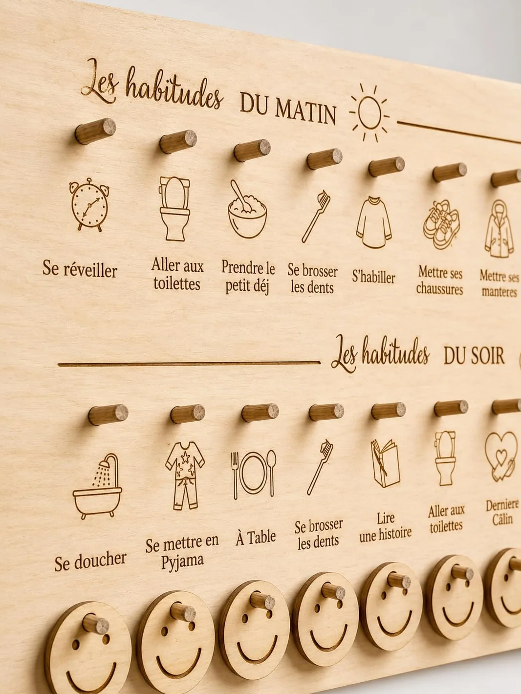 Tableau Routine Enfant Montessori Bois – Planning Journalier Habitudes Quotidiennes Matin Soir – Autonomie Enfant Smileys