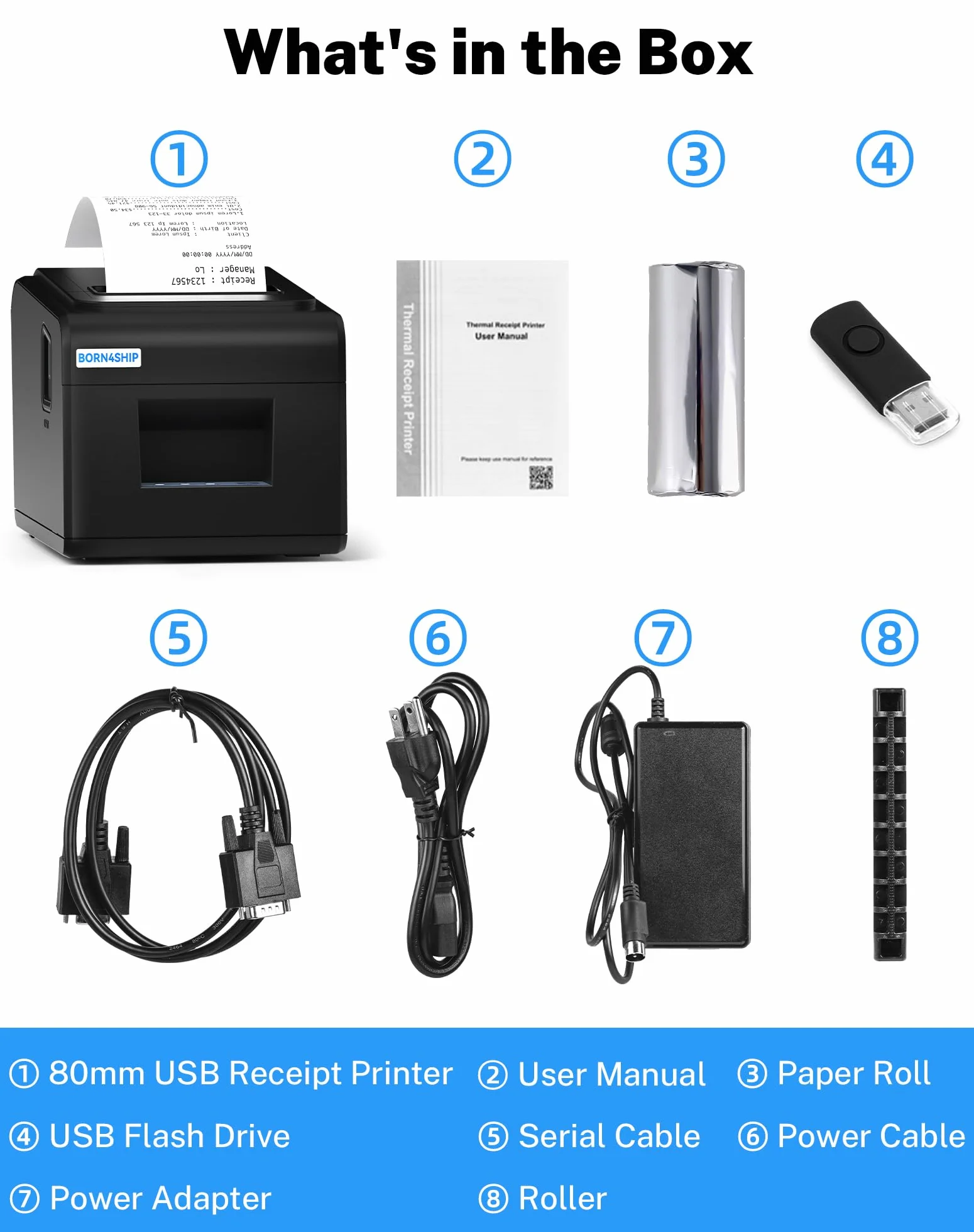 Imprimante Ticket de Caisse 80mm Thermique USB Ethernet Serial, Support de Coupe Automatique, Noir
