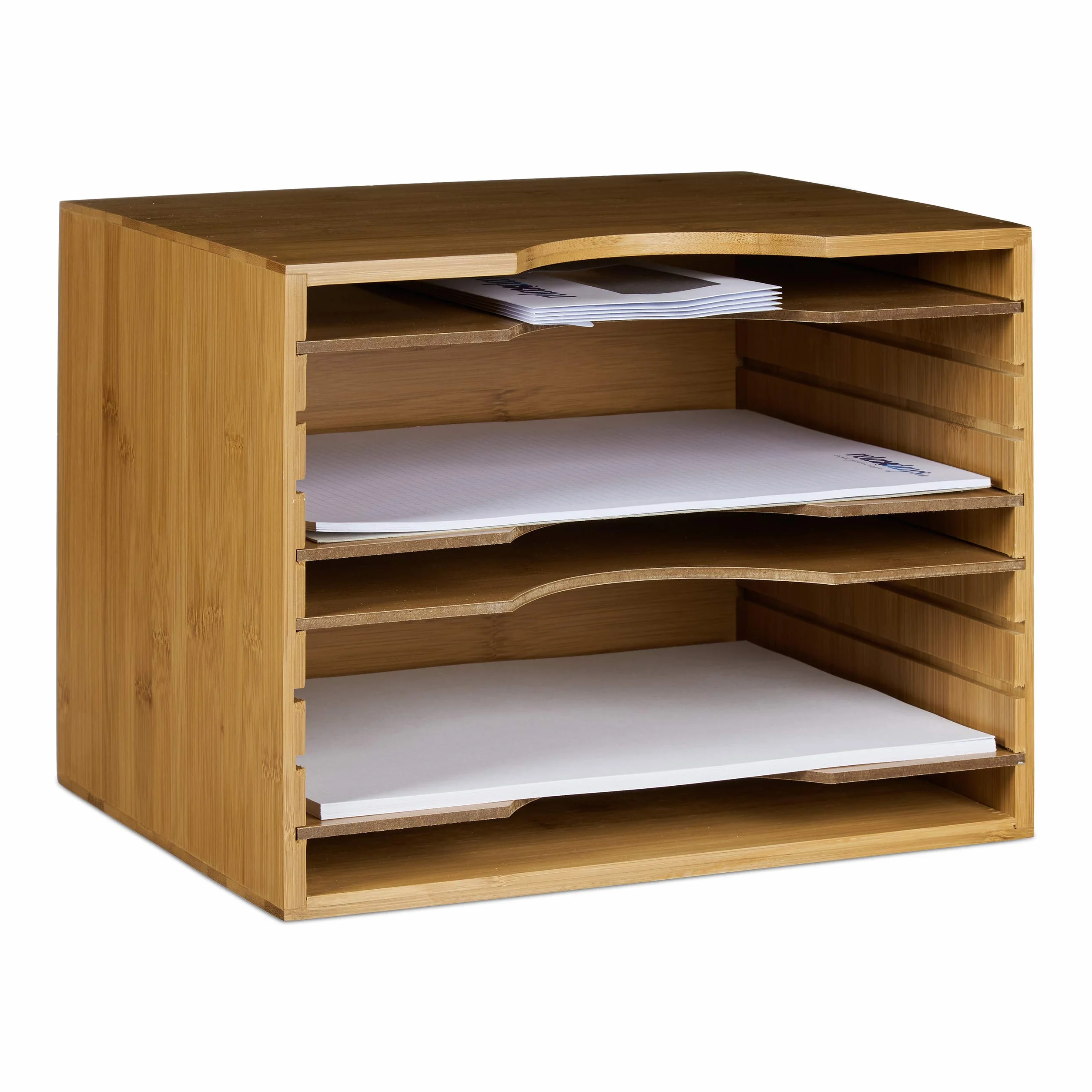 Relaxdays Corbeille à courrier en bambou organiseur de bureau porte-document 26,5 x 33,5 x 24,5 cm