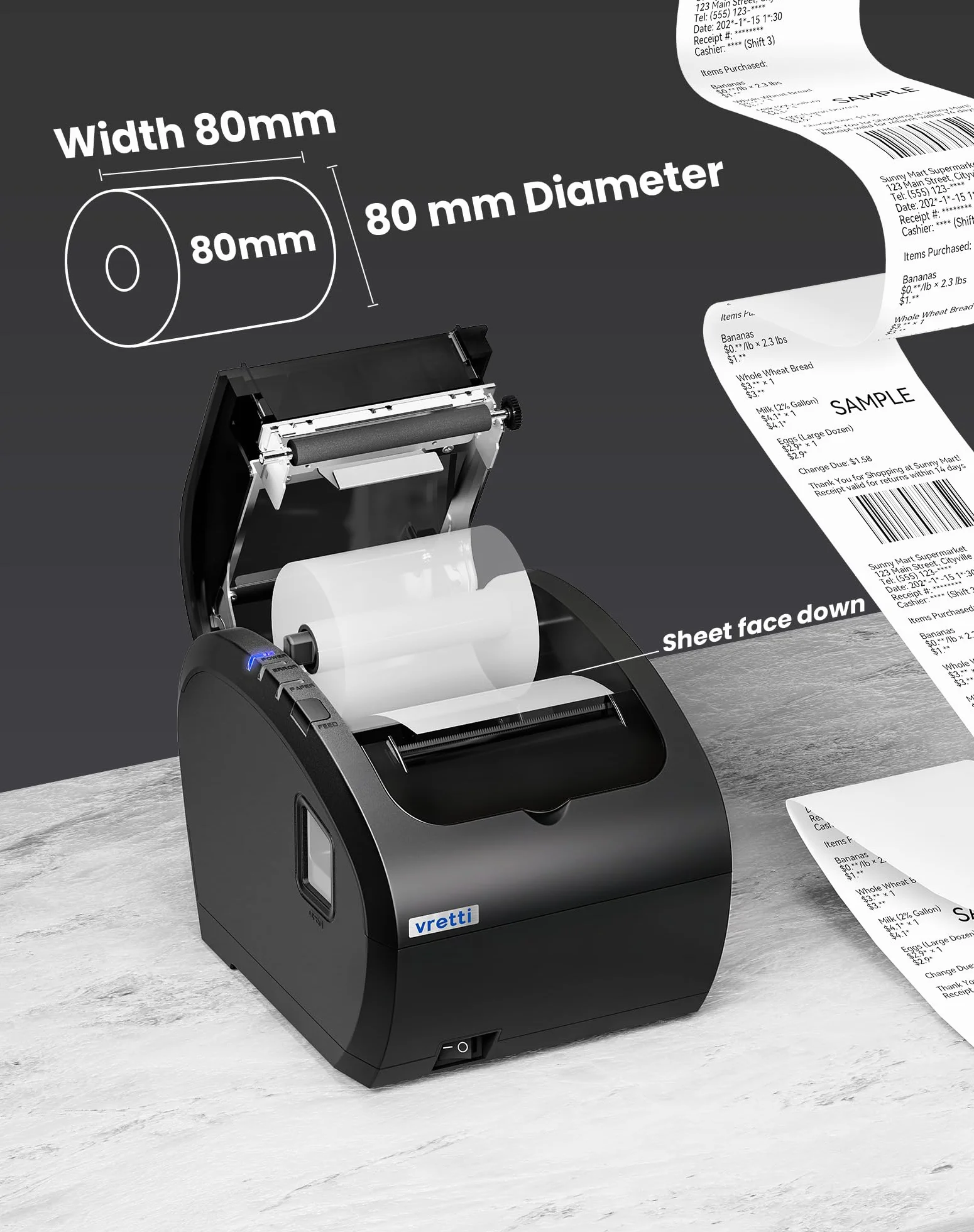 vretti Imprimante de Reçus Thermique 80mm, POS Imprimante Ticket de Caisse avec Support de Coupe Automatique, USB+LAN+Serial