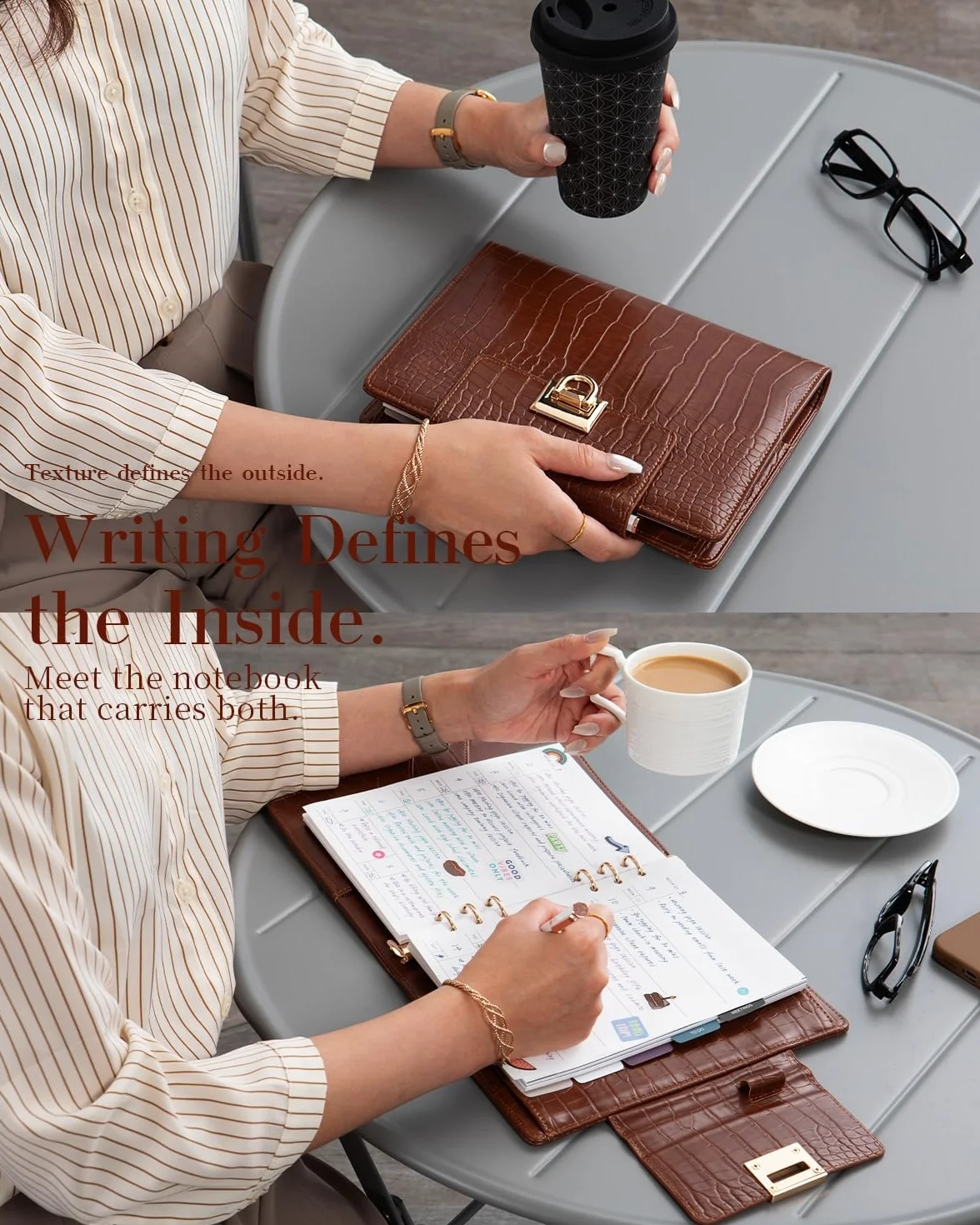 Planificateur en cuir non daté A5 texture crocodile 14,7 x 21 cm classeur rechargeable 6 anneaux 80 feuilles séparateurs