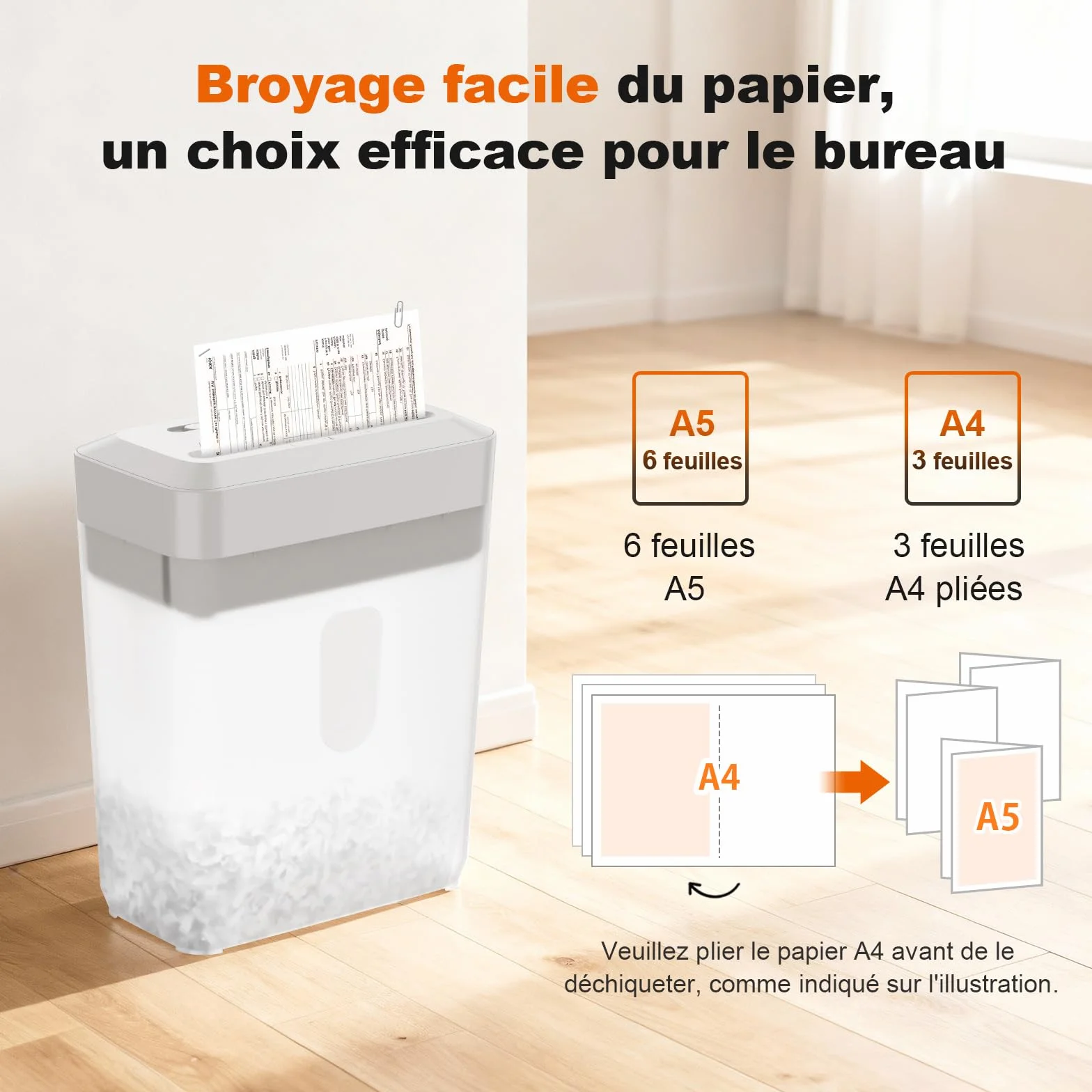Bonsaii Destructeur de Documents Coupe Croisée 6 Feuilles A5 Haute Sécurité P-4 Bac 6L C292-A