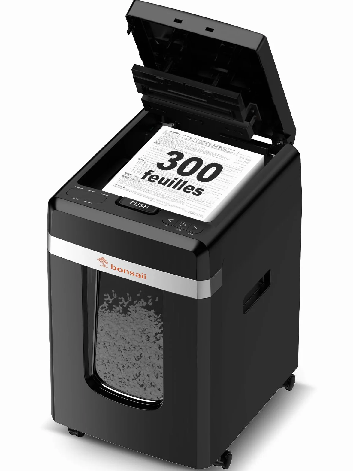 Bonsaii Destructeur de Documents Micro-Coupe P-4, Alimentation Automatique 300 Feuilles, 60 Min Continu, Bac 31L, C291-A