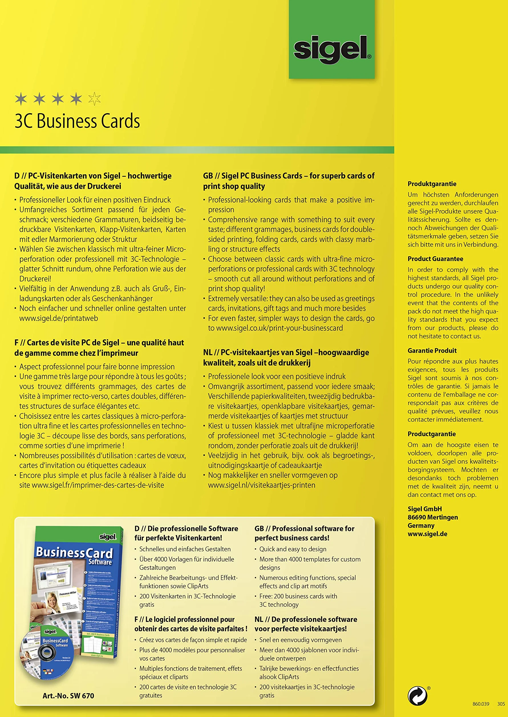SIGEL Lp796 Cartes de Visite Imprimables 3C 8,5 x 5,5 cm 225 G Lot de 400
