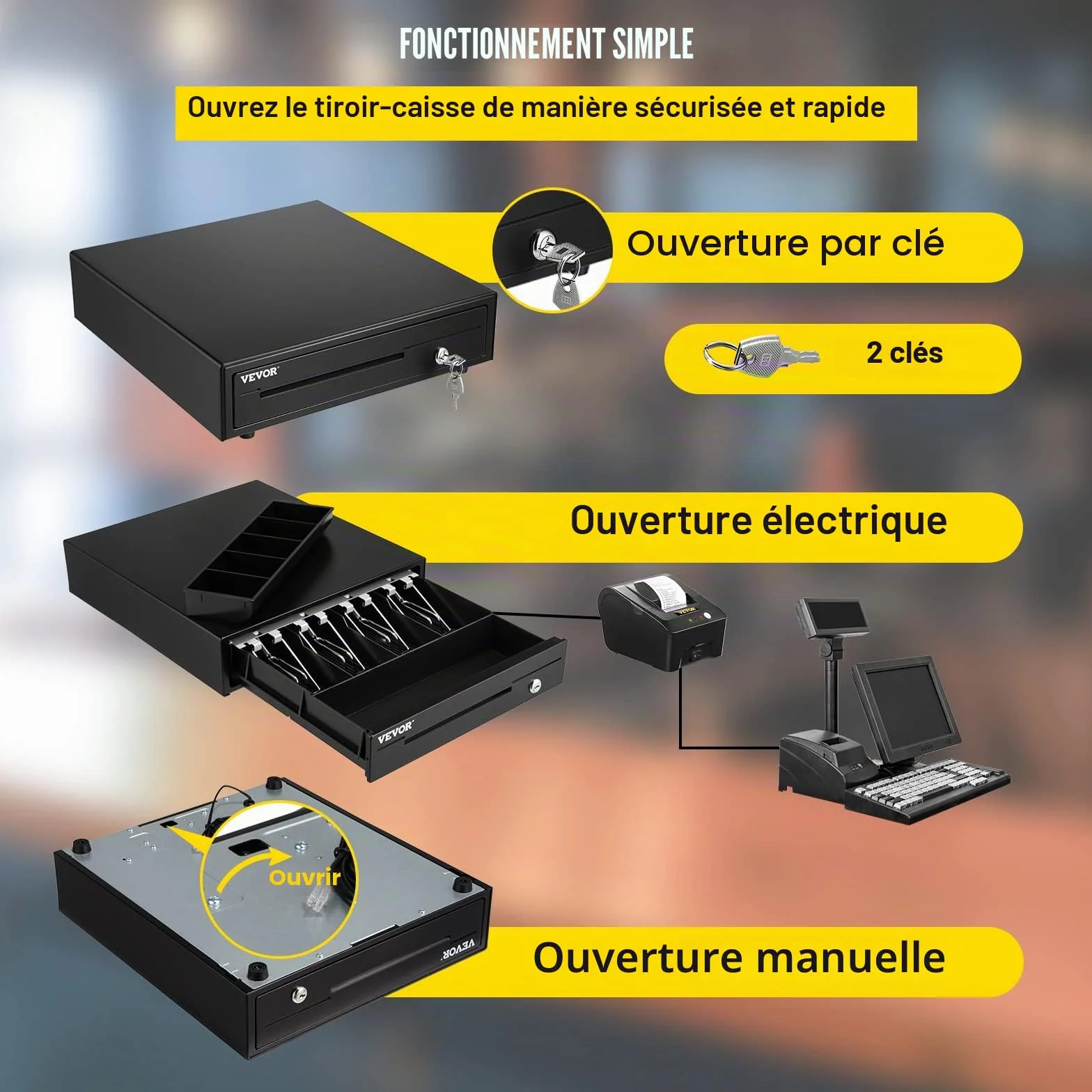 VEVOR Tiroir-Caisse Enregistreuse 33,6 cm Manuel Automatique 4 Billets 5 Pièces RJ11 RJ12 POS