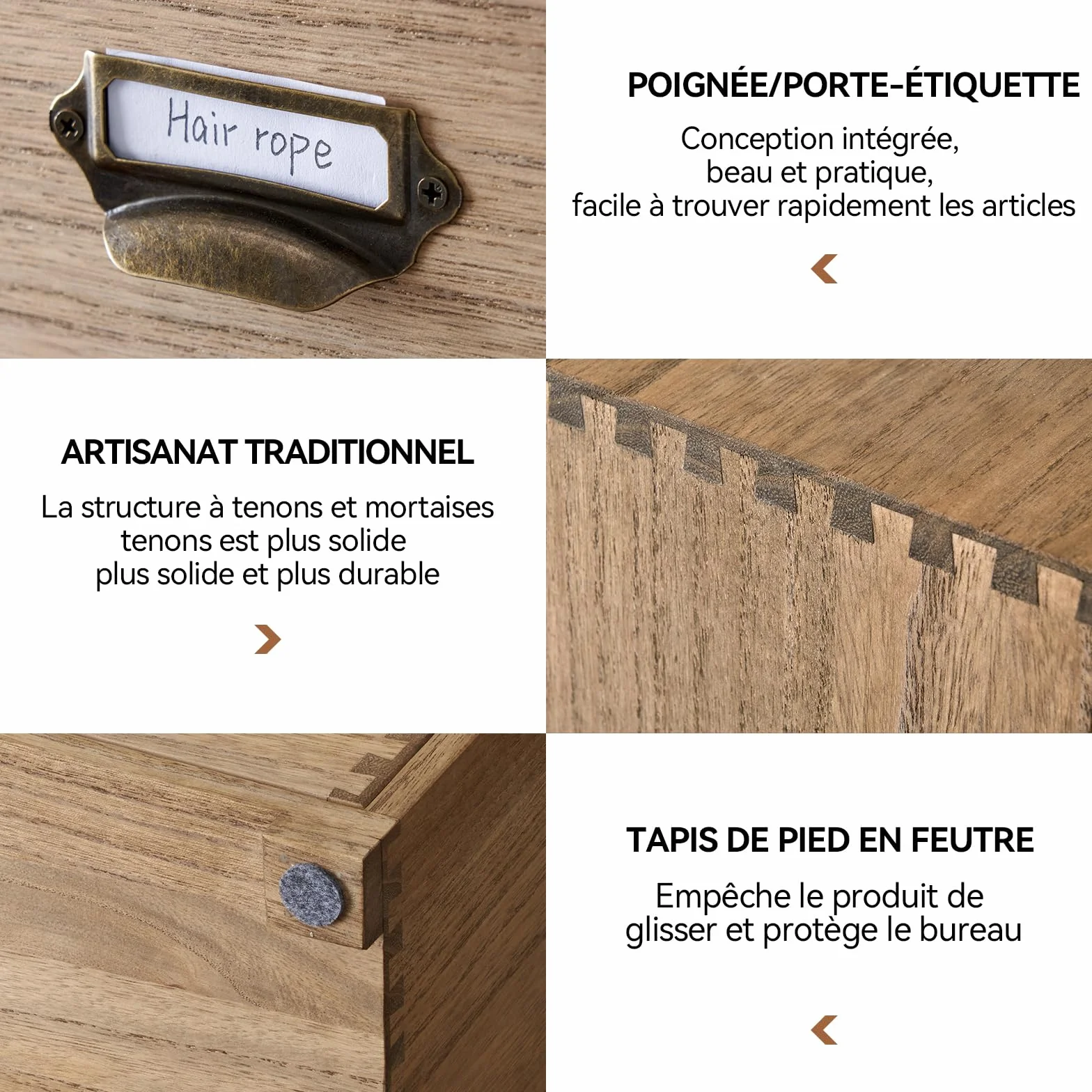 KIRIGEN Boîte de rangement en bois massif 4 étages Organisateur de bureau tiroir multifonctionnel brun