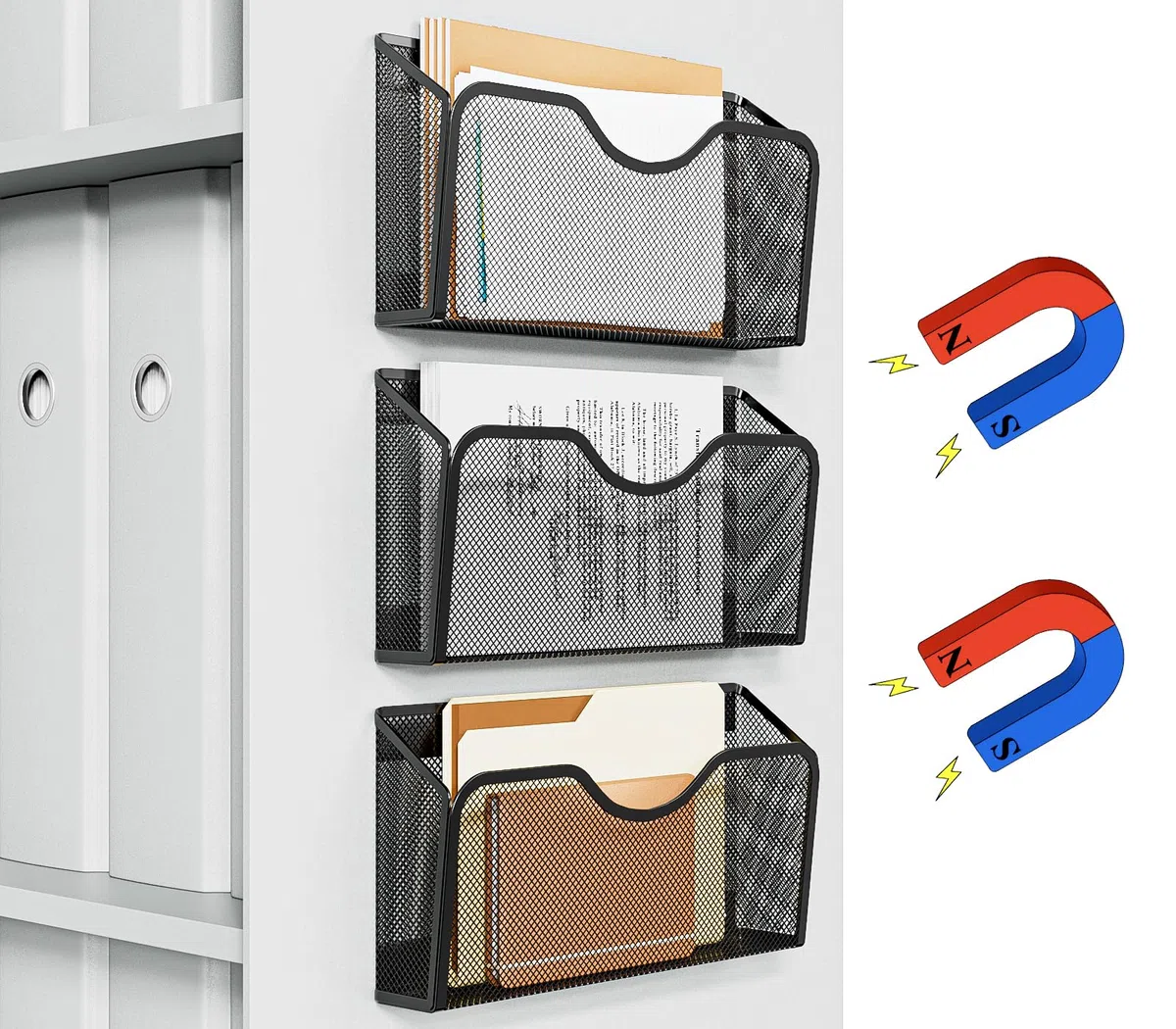 EKNITEY Lot de 3 porte-documents magnétiques – Organiseur de fichiers magnétique sans perçage pour magazines et papiers à suspendre pour bureau et maison