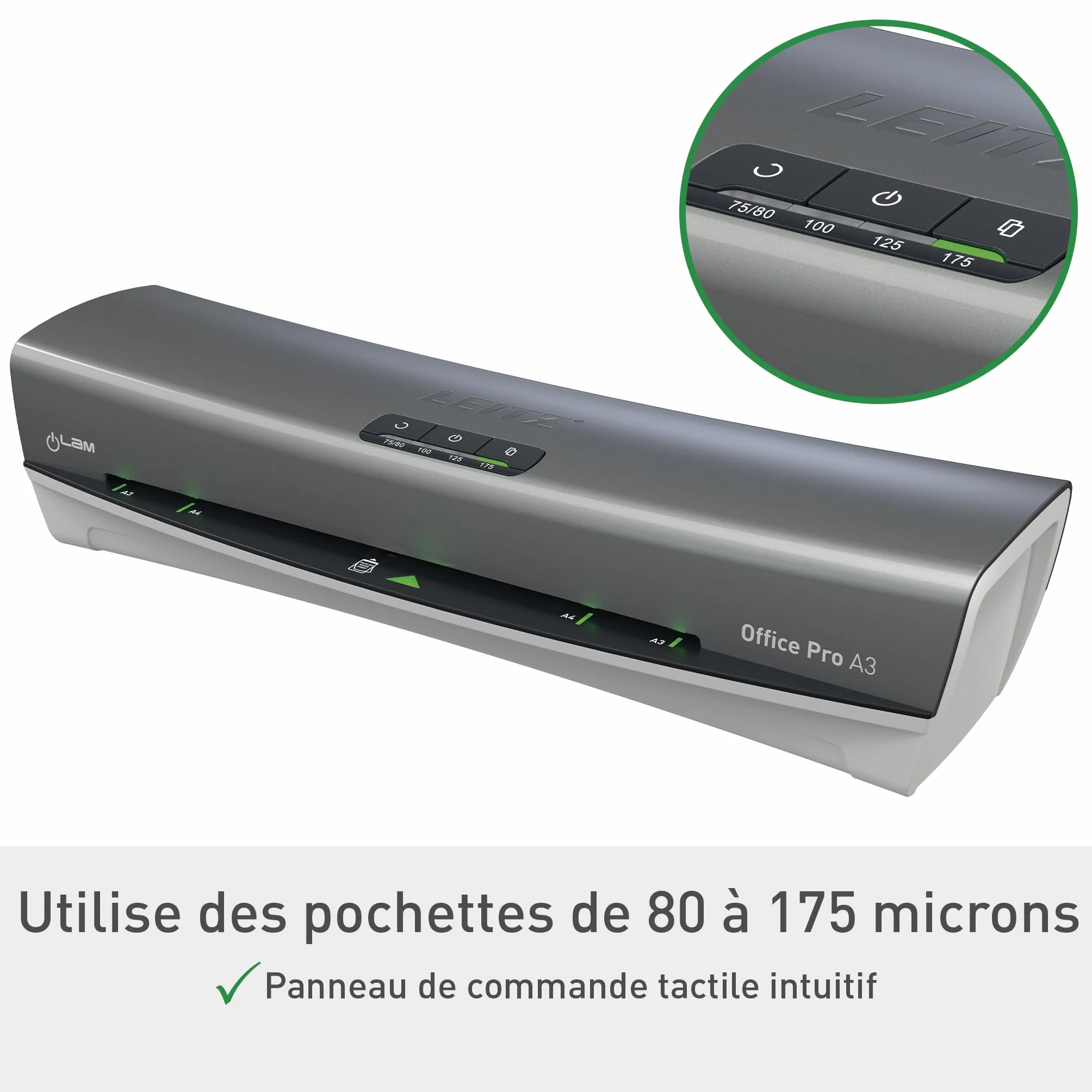 Leitz iLAM Office Pro Plastifieuse A3 75-125 microns Préchauffage 1 min Anti-bourrage Gris Blanc