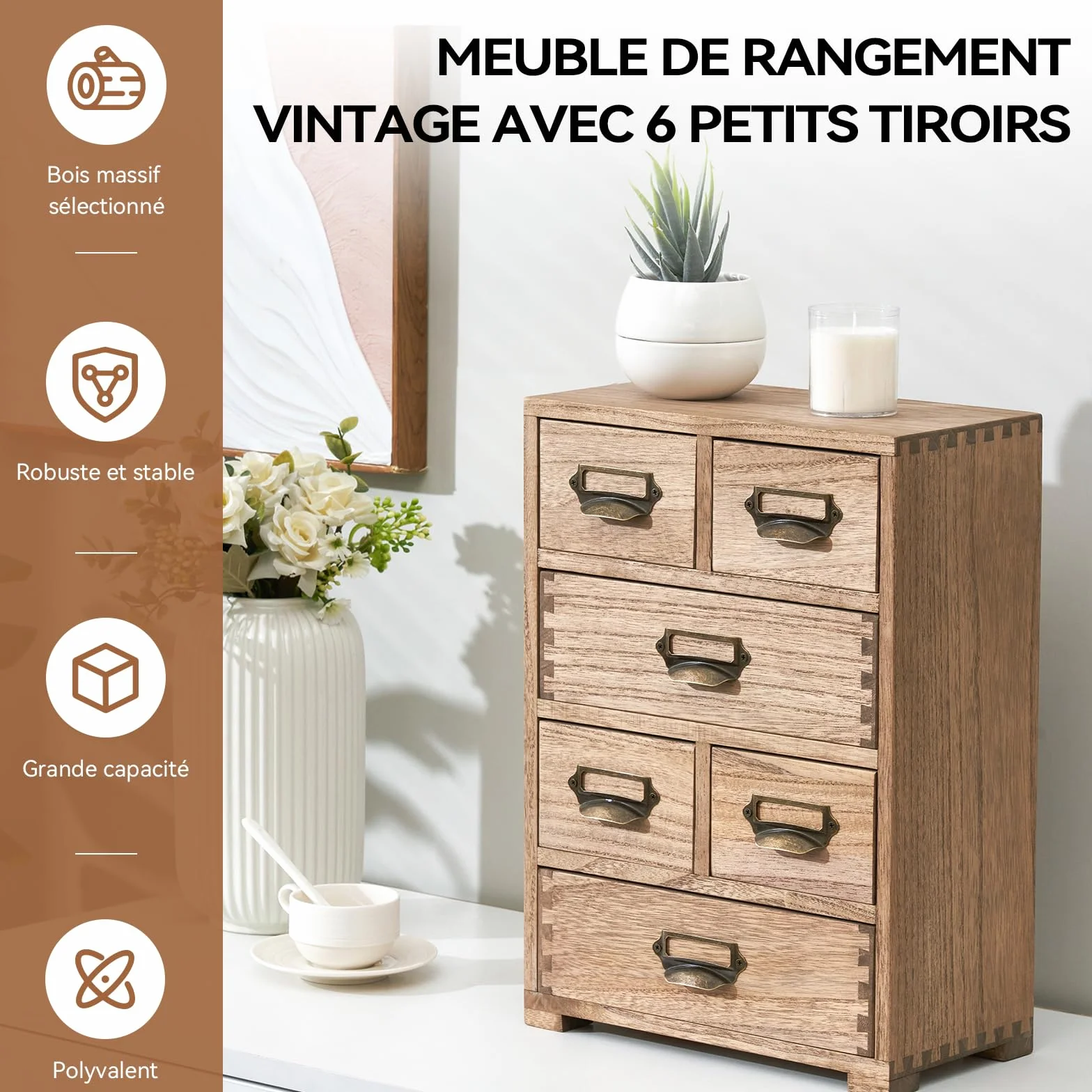 KIRIGEN Boîte de rangement en bois massif 4 étages Organisateur de bureau tiroir multifonctionnel brun