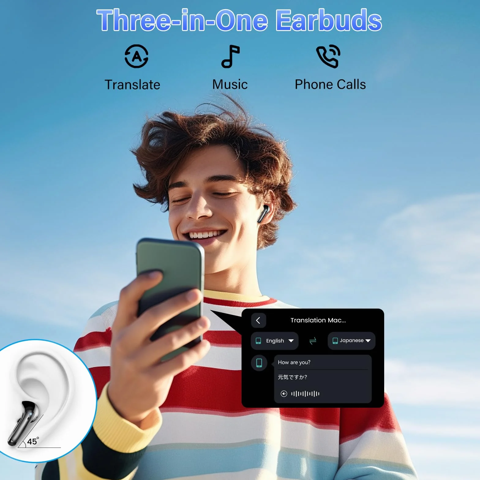 AI Traducteur Vocal Instantané Bluetooth 5.4 Écouteurs sans Fil 56H 164 Langues 7 Modes Traduction ENC Réduction Antibruit