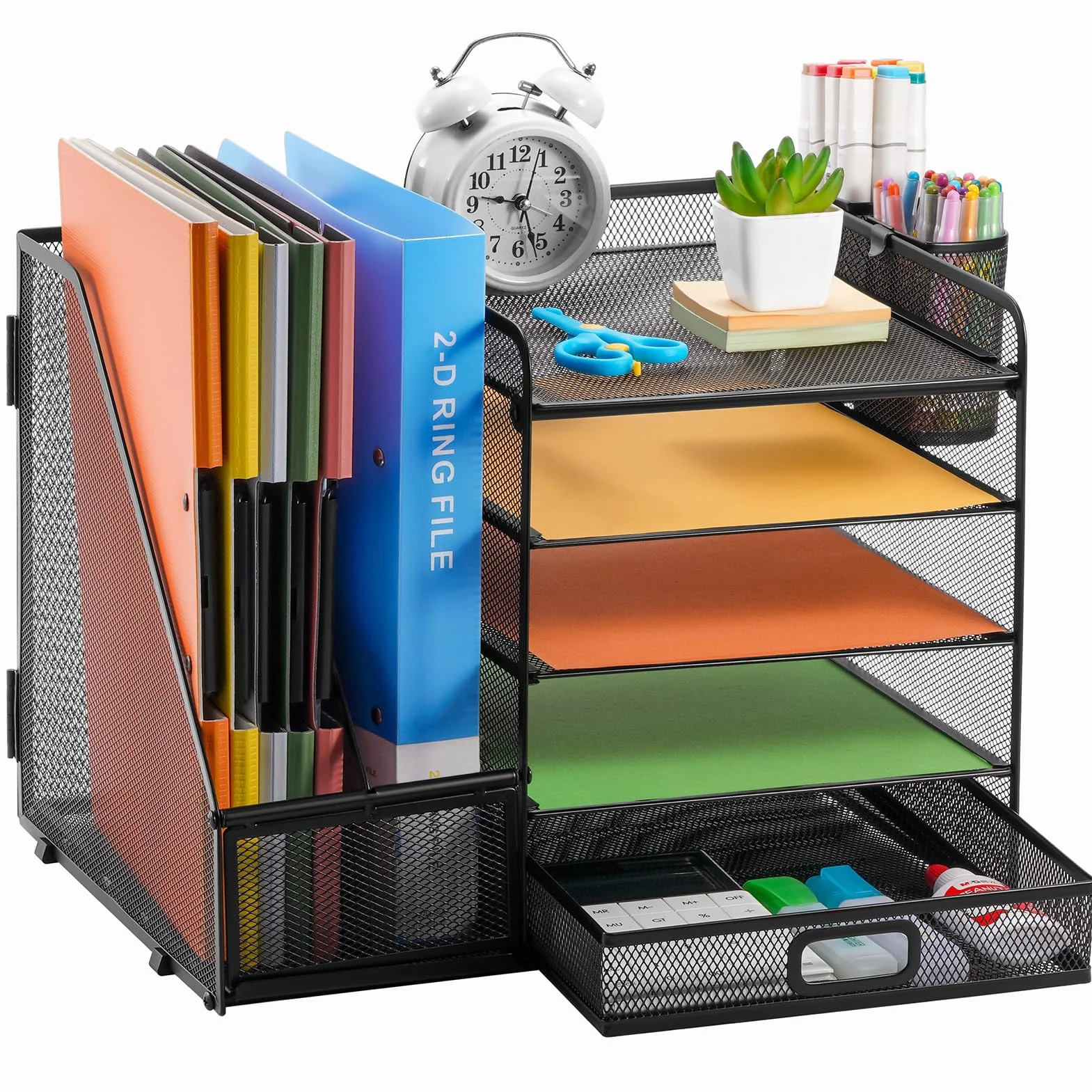 Marbrasse Organisateur de Bureau 5-Niveaux Porte-Lettres Rangement Maille Noir avec Tiroir Porte-Stylos