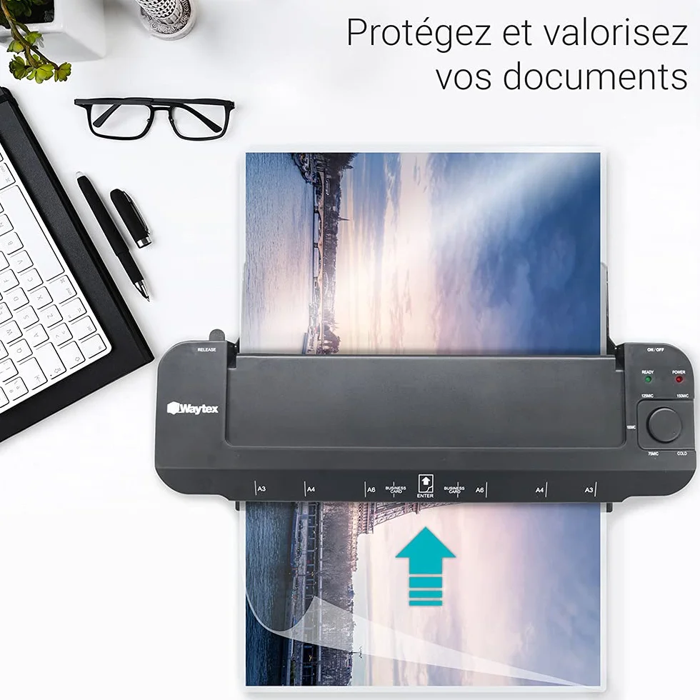 Plastifieuse A3 A4 A5 A6 A7 Pro Ultra Rapide Chaud Froid 2x150 microns Température Réglable Usage Professionnel Pack 200 Pochettes A4 A3 Rogneuse