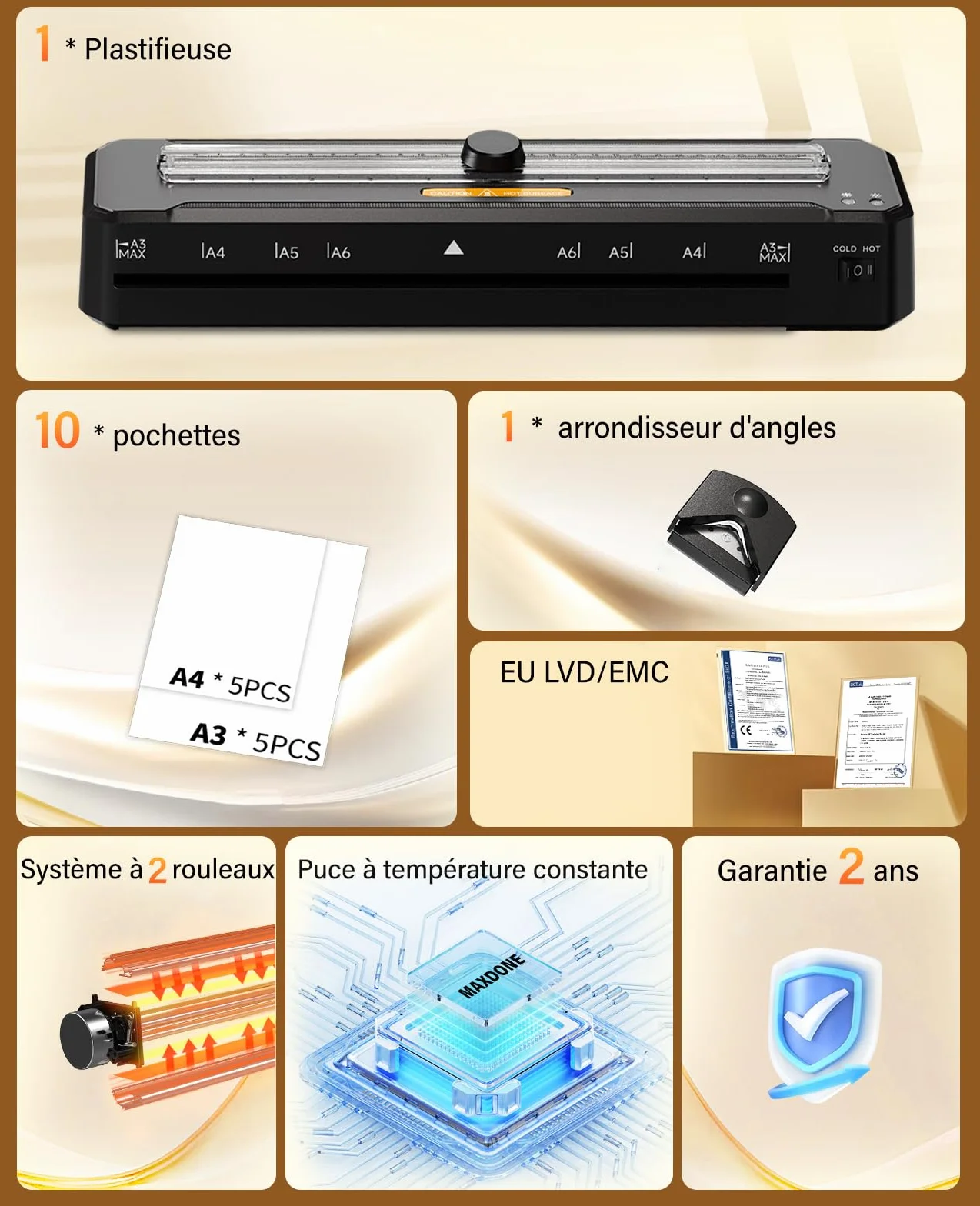 MAXDONE Plastifieuse A3 Chaud et Froid, Préchauffage 1-2 Min, 10 Pochettes, Arrondisseur d'Angles, tout Format A3 A4 A5 A6