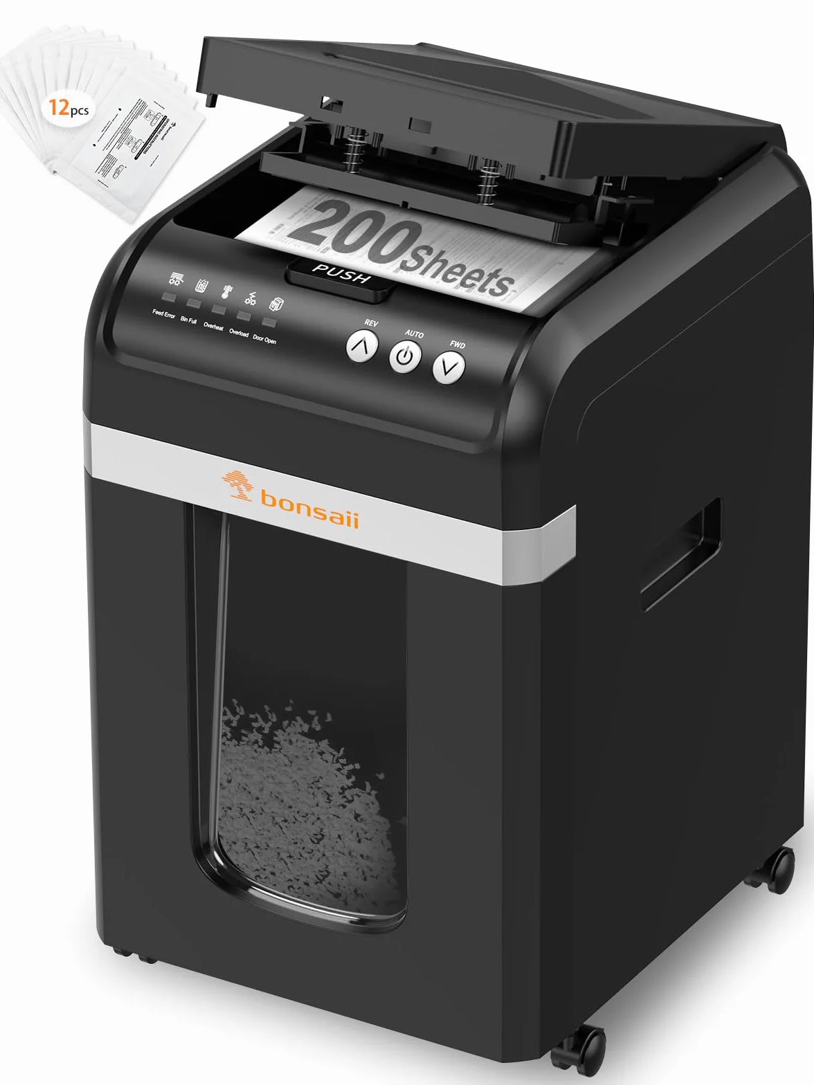 Bonsaii Destructeur de Documents Auto Feed 200 Feuilles, Micro-Coupe P-4, Bac 31L, Silencieux