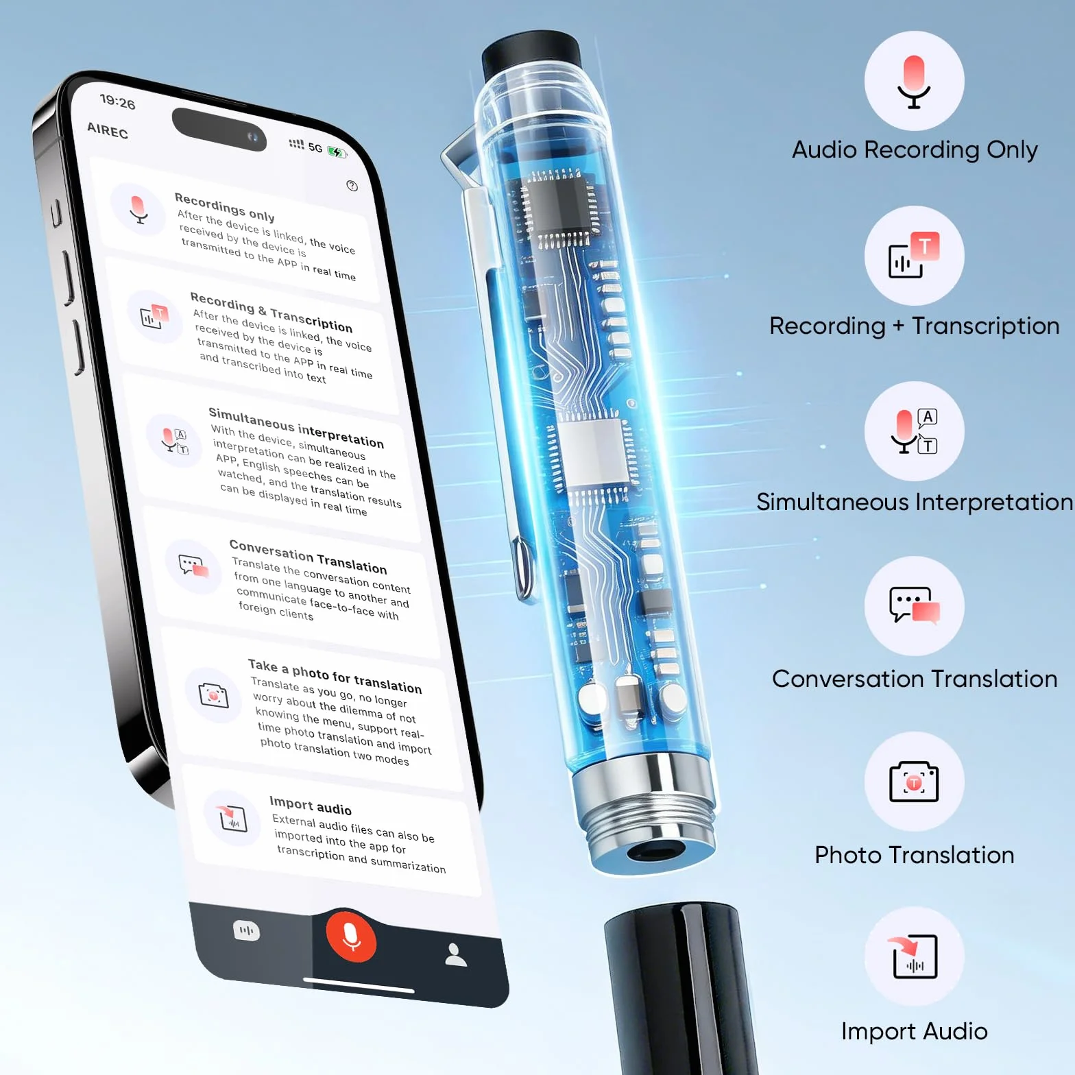 Stylo Enregistreur Vocal IA avec Transcription et Traduction en Temps Réel, Micro 360°, 64 Go + Cloud, 10h Autonomie