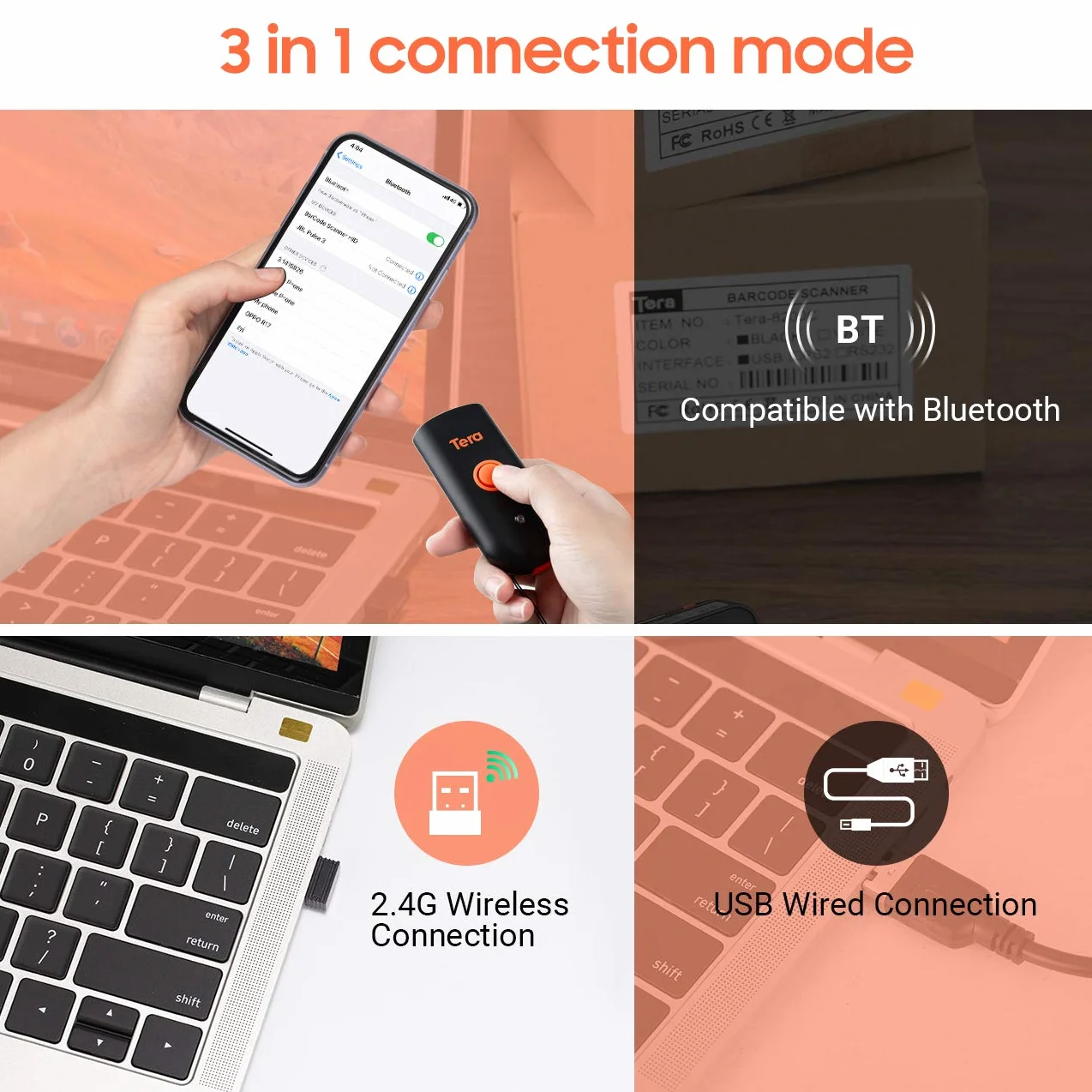 Tera Mini Bluetooth 5.0 Bezprzewodowy Czytnik Kodów Kreskowych 1D 2D 3-en-1 USB Scanner QR Kodów Smartphone iOS Android Windows