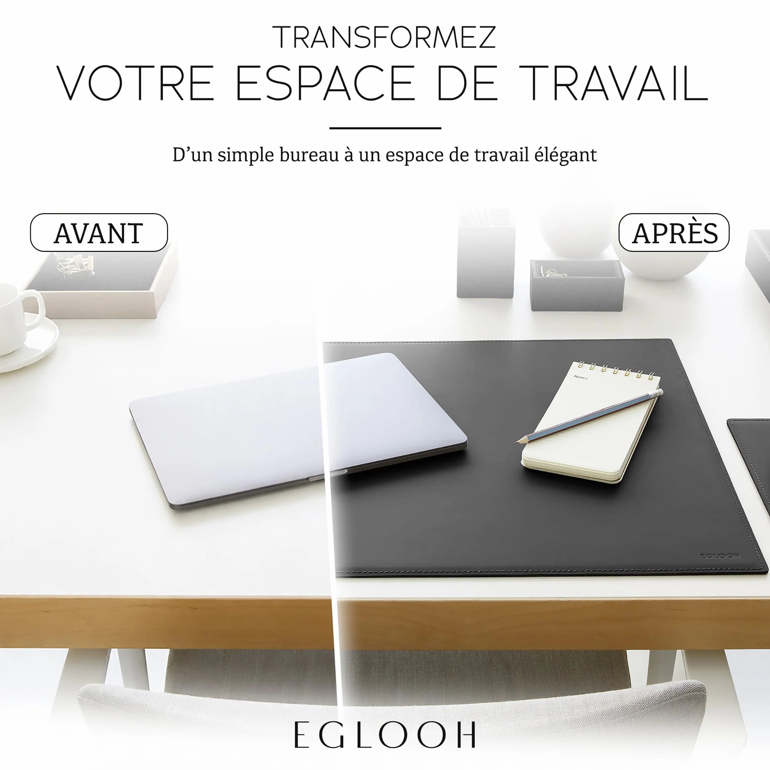 Eglooh Mercurio Sous main Bureau Cuir Noir 80x50 cm Coutures Artisanales Fond Antidérapant Made in Italy