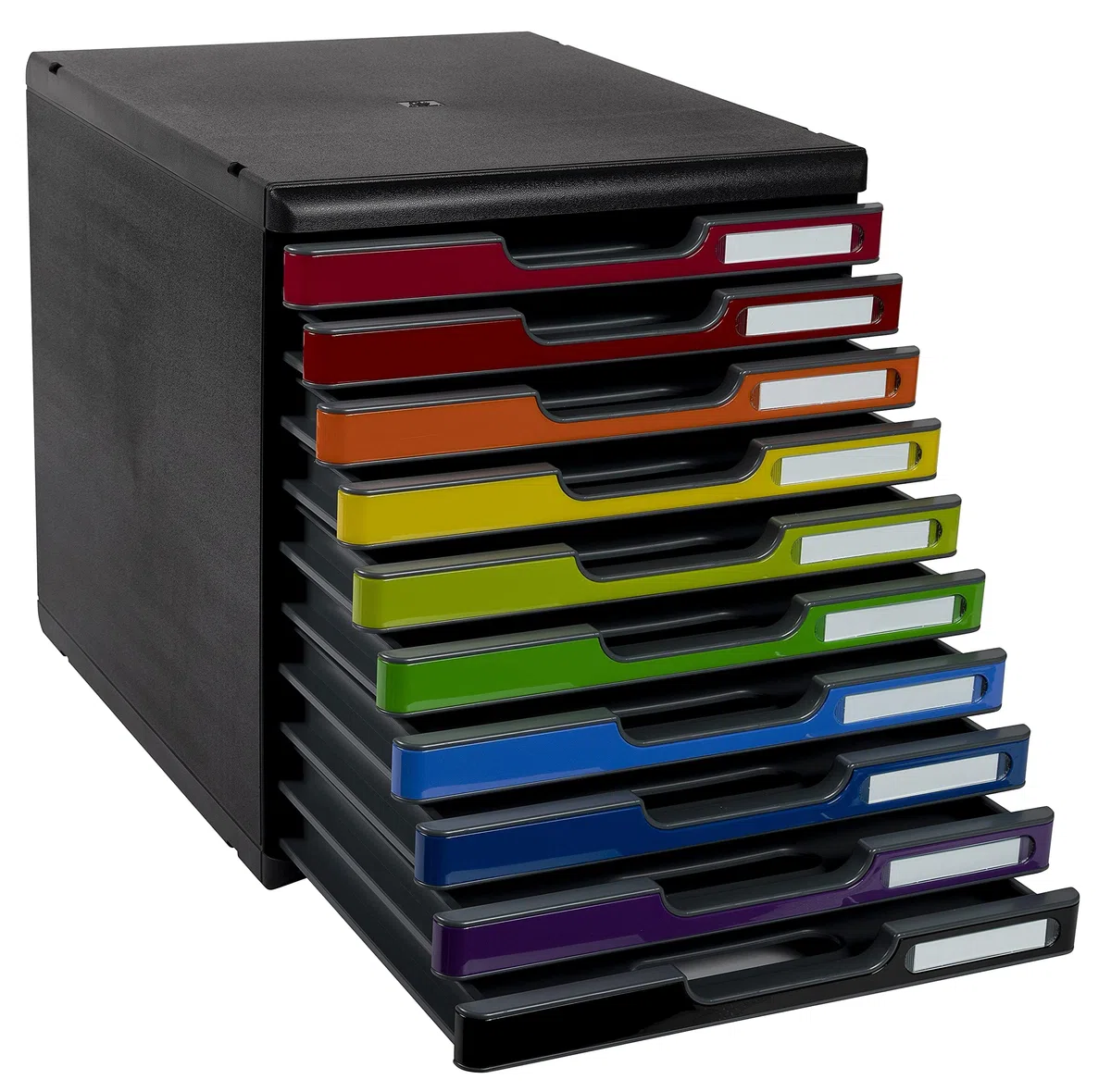 Exacompta - Réf. 302798D - MODULO A4 - Caisson 10 tiroirs fermés pour documents A4+ - Dimensions extérieures : Profondeur 35 x largeur 28,8 x Hauteur 32 cm - Noir/arlequin glossy