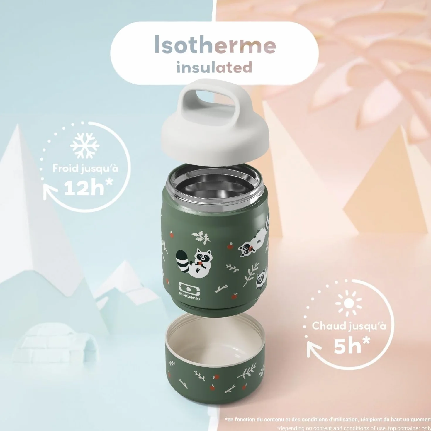 Monbento Lunch Box Enfant Isotherme Handy Vert Raccoon 500 ml 2 Étages Bento Inox 2-en-1 Garde au Chaud & Froid Sans BPA