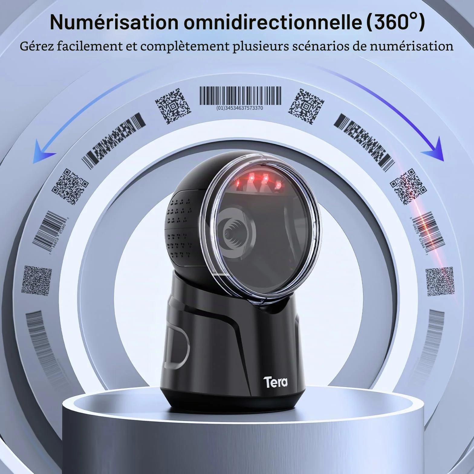 Tera Scanner de Codes-Barres Omnidirectionnel 1D 2D QR Mains Libres USB Filaire Tête de Numérisation Réglable Model 9000