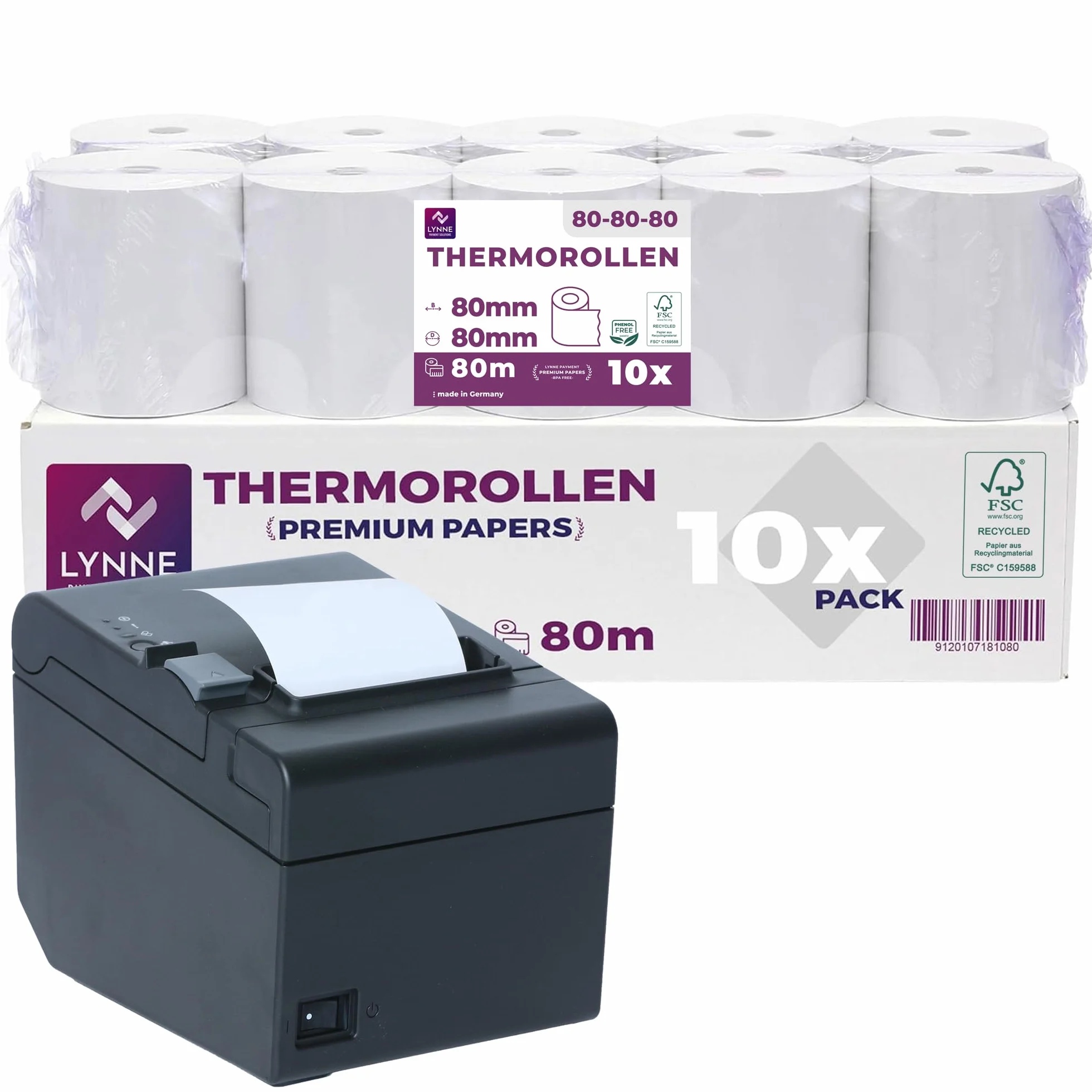 Rouleau Thermique 80x80x12 Bobine 80x80 pour Imprimante Thermique 80mm x 80m x 12mm Sans BPA 10x