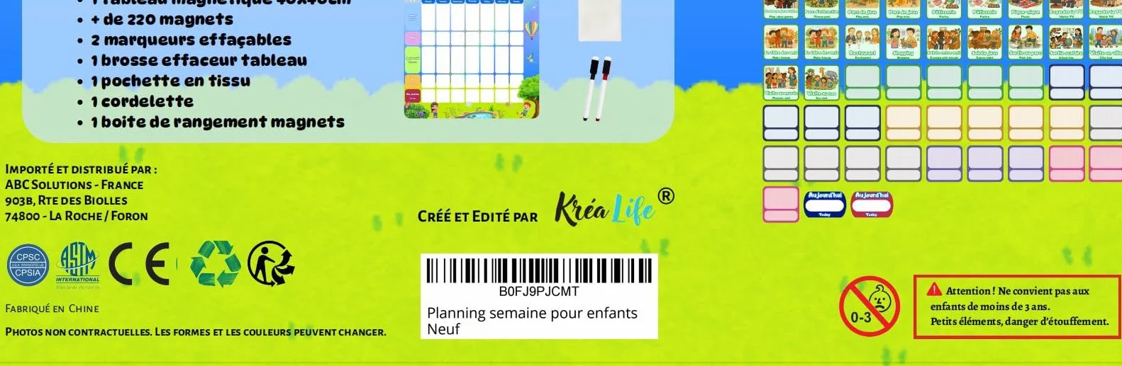 KréaLife® Planning Semaine Enfant Tableau Magnétique 40x40 cm +220 Aimants Colorés Éducatif Bilingue FR/EN