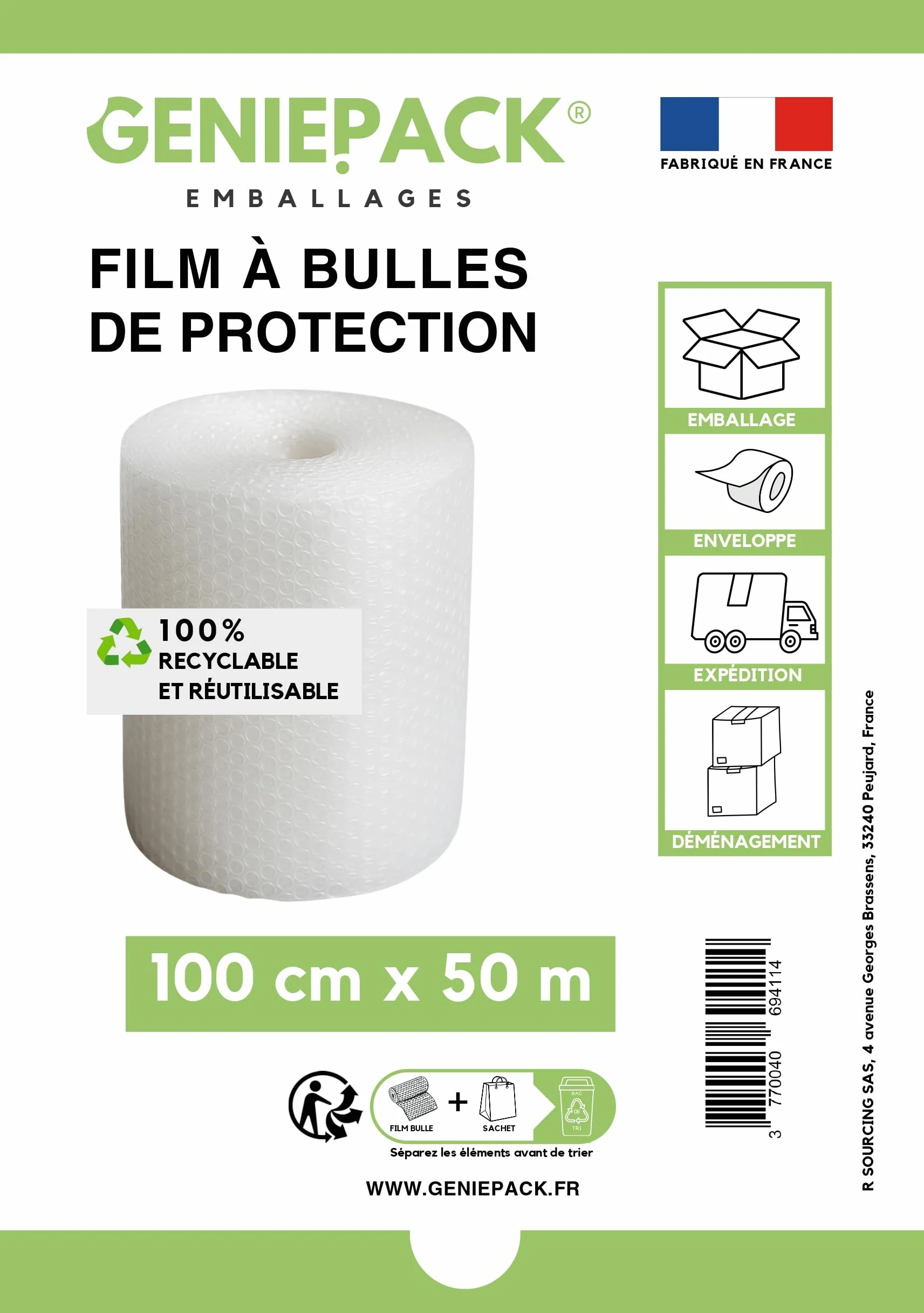 Film à Bulles Professionnel 100 cm x 50 m 60 Microns Bulles 10mm Protection Emballage Colis Déménagement Antichoc