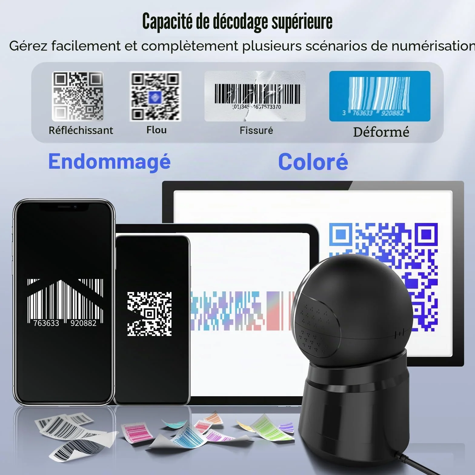 Tera Scanner de Codes-Barres Omnidirectionnel 1D 2D QR Mains Libres USB Filaire Tête de Numérisation Réglable Model 9000