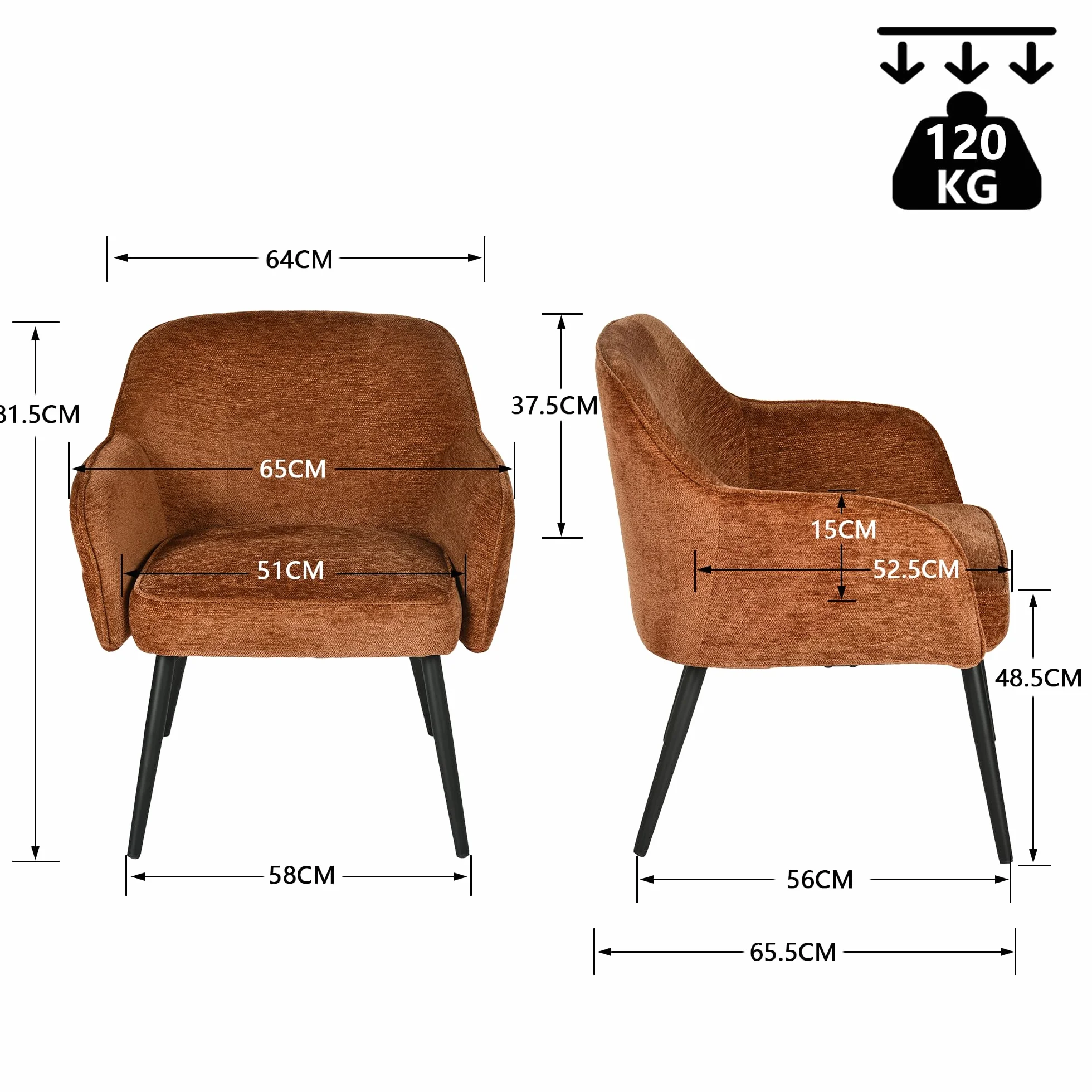 Meuble Cosy Chaise d’Accueil Confortable en Tissu Chenille, Fauteuil de Réception avec Coussin Épais 10 cm, Pieds Métal Stables, Style Élégant, Caramel