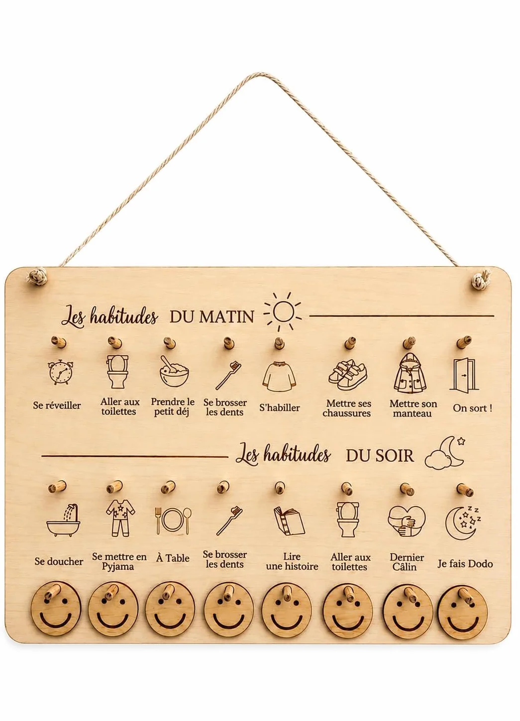 Tableau Routine Enfant Montessori Bois – Planning Journalier Habitudes Quotidiennes Matin Soir – Autonomie Enfant Smileys